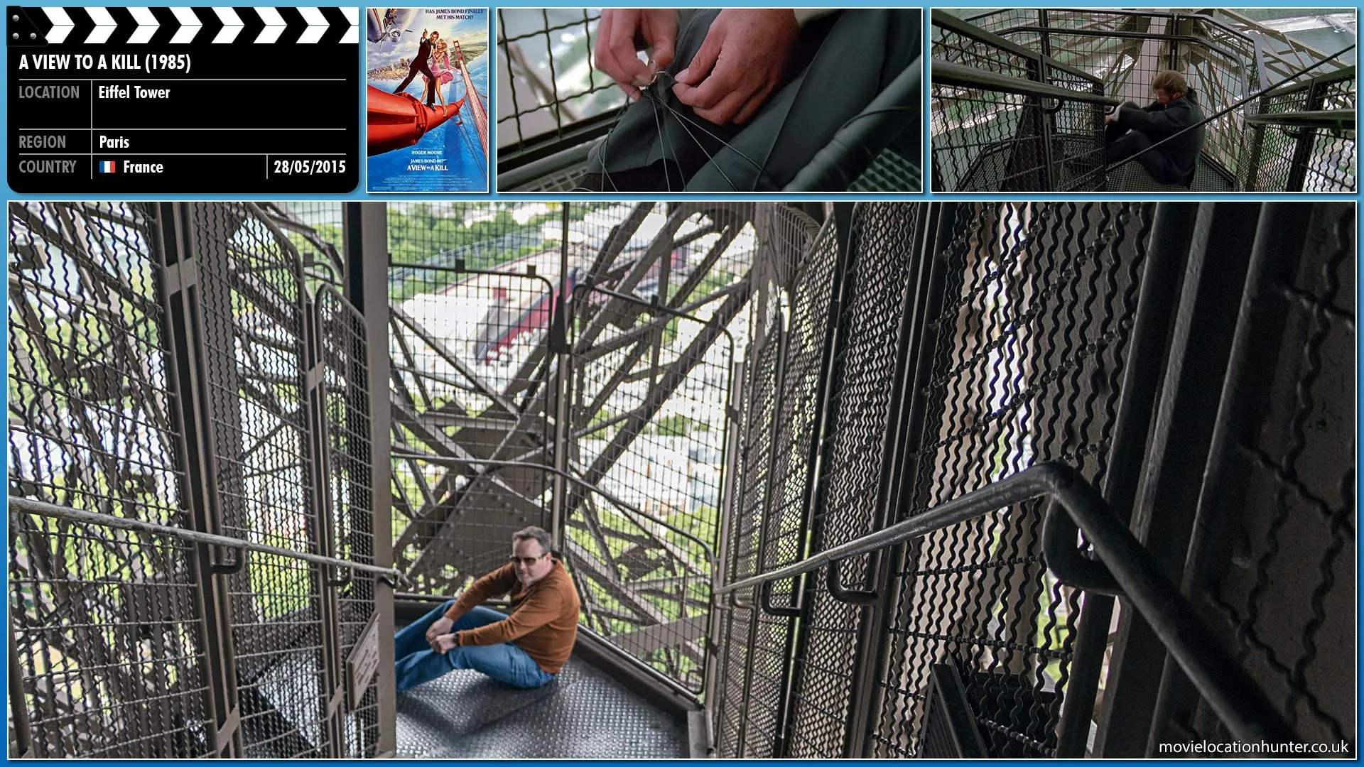 Filming location photo, shot in France, for A View to a Kill (1985). Scene description: Bond (Roger Moore) chases May Day (Grace Jones) up the Eiffel Tower and she slows him down by whipping wire around his lower legs and pulling him to the ground.