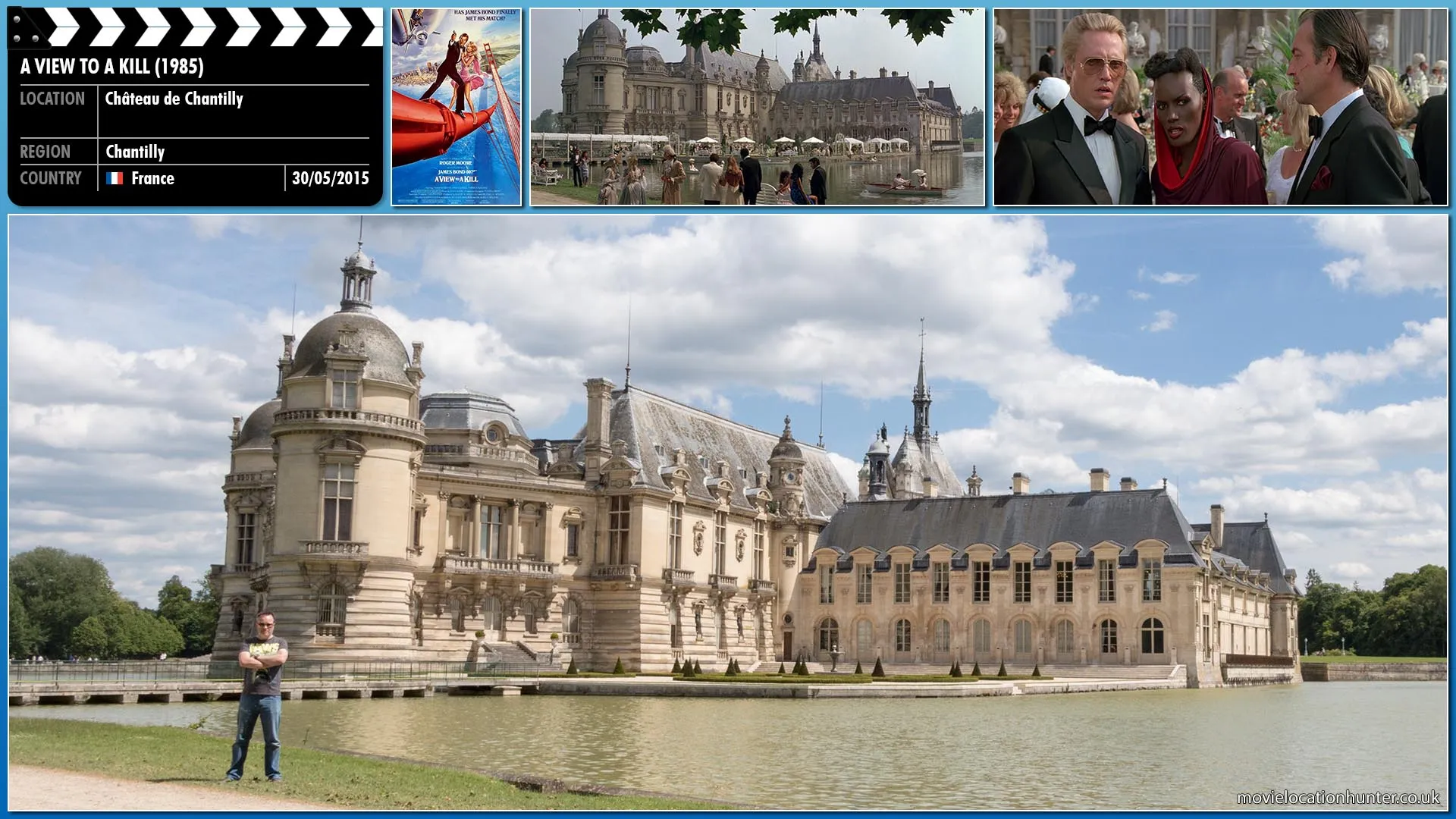 Filming location photo, shot in France, for A View to a Kill (1985). Scene description: During a reception party Bond (Roger Moore) uses polarizing sunglasses provided by Q to discreetly survey Zorin's mansion. Bond sneaks into Zorin's office and takes photos of cheques. When leaving his office, he is caught by Dr. Carl Mortner (Willoughby Gray) but Bond, posing as James St. John Smythe, pretends he is lost and the Doctor gladly escorts him to the party.