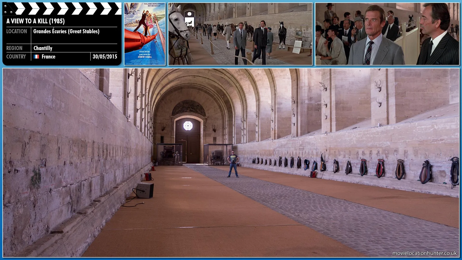 Filming location photo, shot in France, for A View to a Kill (1985). Scene description: Bond poses as James St. John Smythe (pronounced 