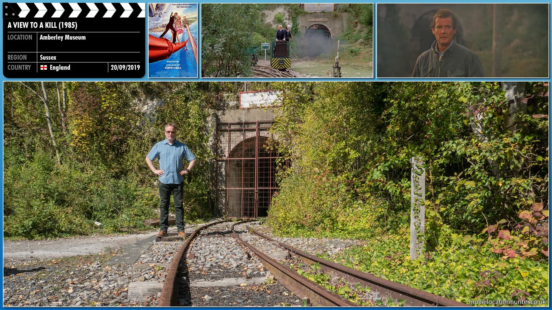 Filming location photo, shot in England, for A View to a Kill (1985). Scene description: Zorin (Christopher Walken) and Scarpine (Patrick Bauchau) flood the mines, nearly killing Bond (Roger Moore) and May Day (Grace Jones) and mercilessly kill all of the mine workers as they attempt to flee.