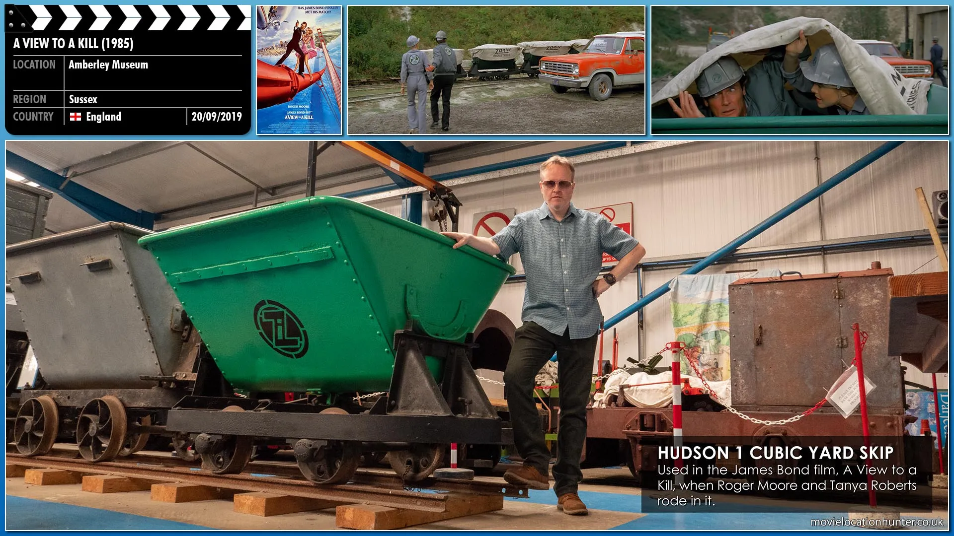Filming location photo, shot in England, for A View to a Kill (1985). Scene description: Bond (Roger Moore) and Sutton (Tanya Roberts) infiltrate Zorin's mine near Silicon Valley by hiding inside one of several skips as they enter the mine.
