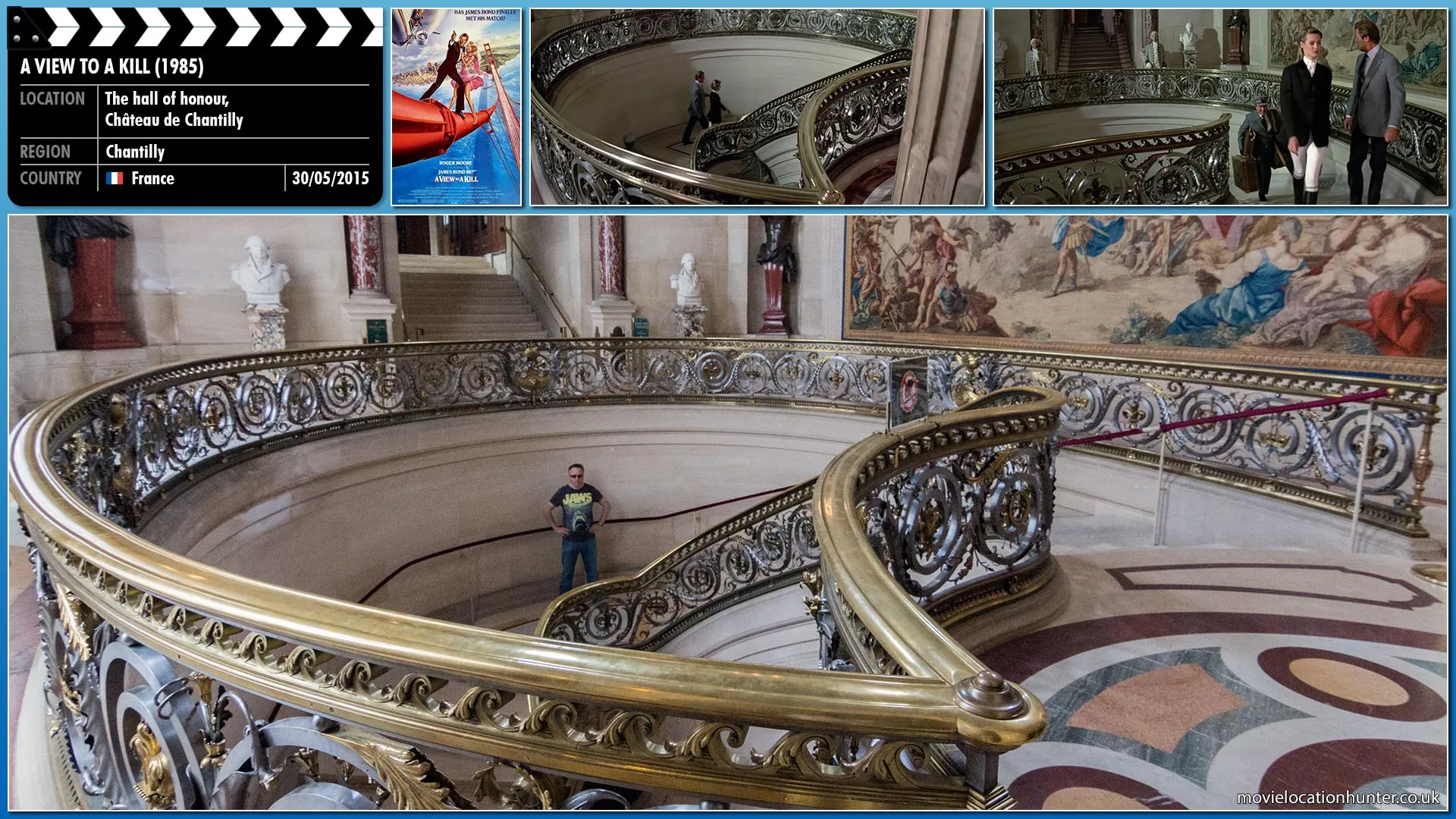 Filming location photo, shot in France, for A View to a Kill (1985). Scene description: Bond (Roger Moore) with Tibbett (Patrick Macnee) posing as his valet is escorted up some stairs to his room.  Whilst flirting with his escort Bond looks back and offers words of encouragement to his overladen valet. 