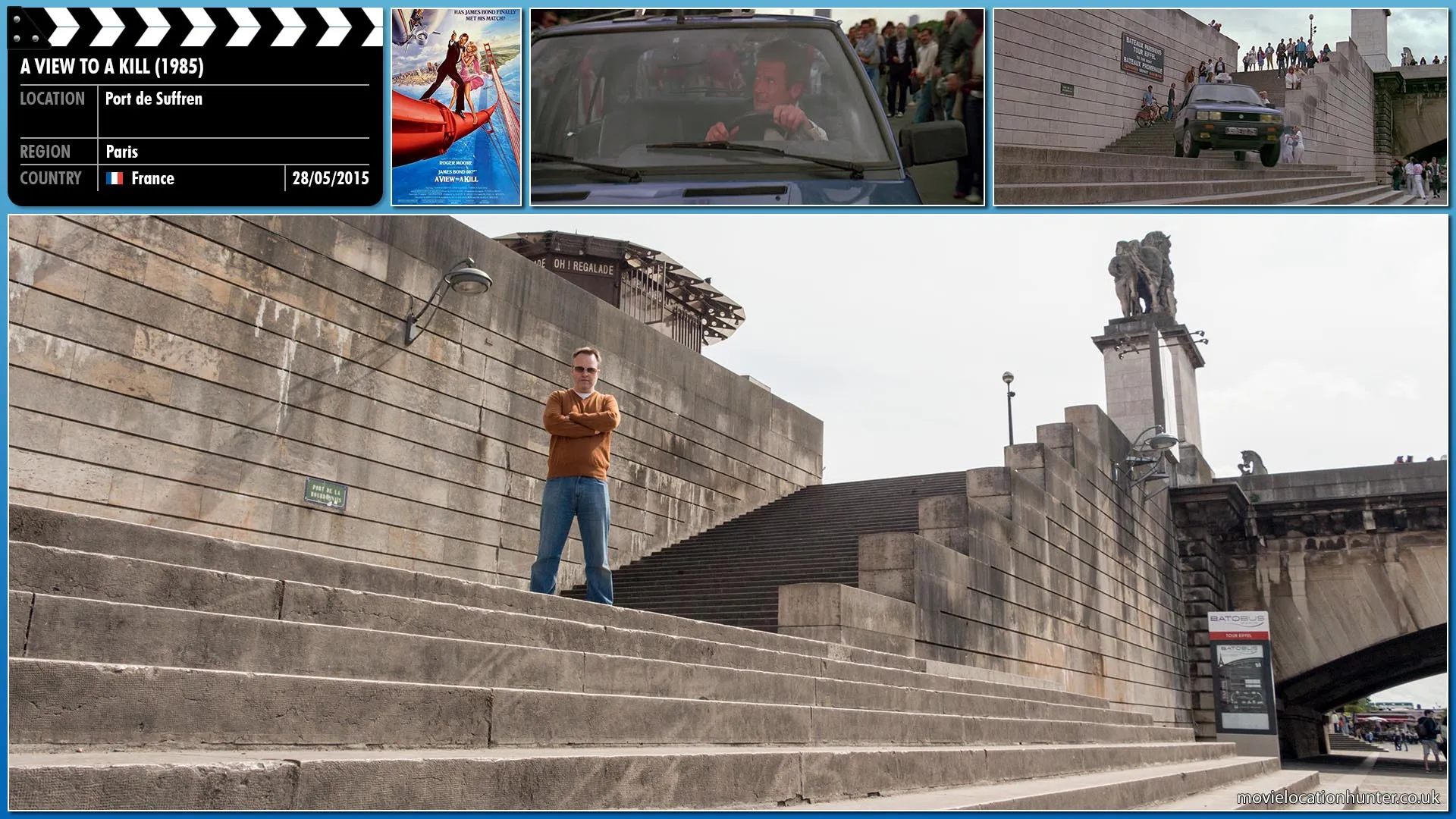 Filming location photo, shot in France, for A View to a Kill (1985). Scene description: Bond (Roger Moore) steals a Renault taxi and chases after the assassin through the city but is unable to apprehend her.