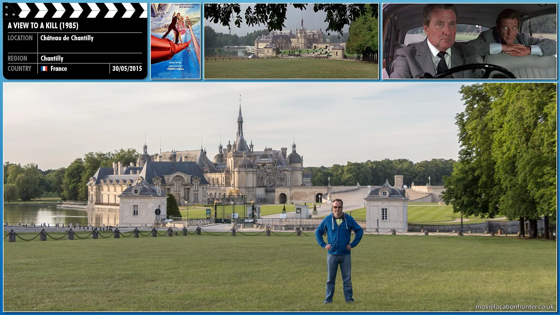 Filming location photo, shot in France, for A View to a Kill (1985). Scene description: Bond (Roger Moore) and Tibbett (Patrick Macnee) travel to Chantilly, France where Bond poses as James St. John Smythe (pronounced 