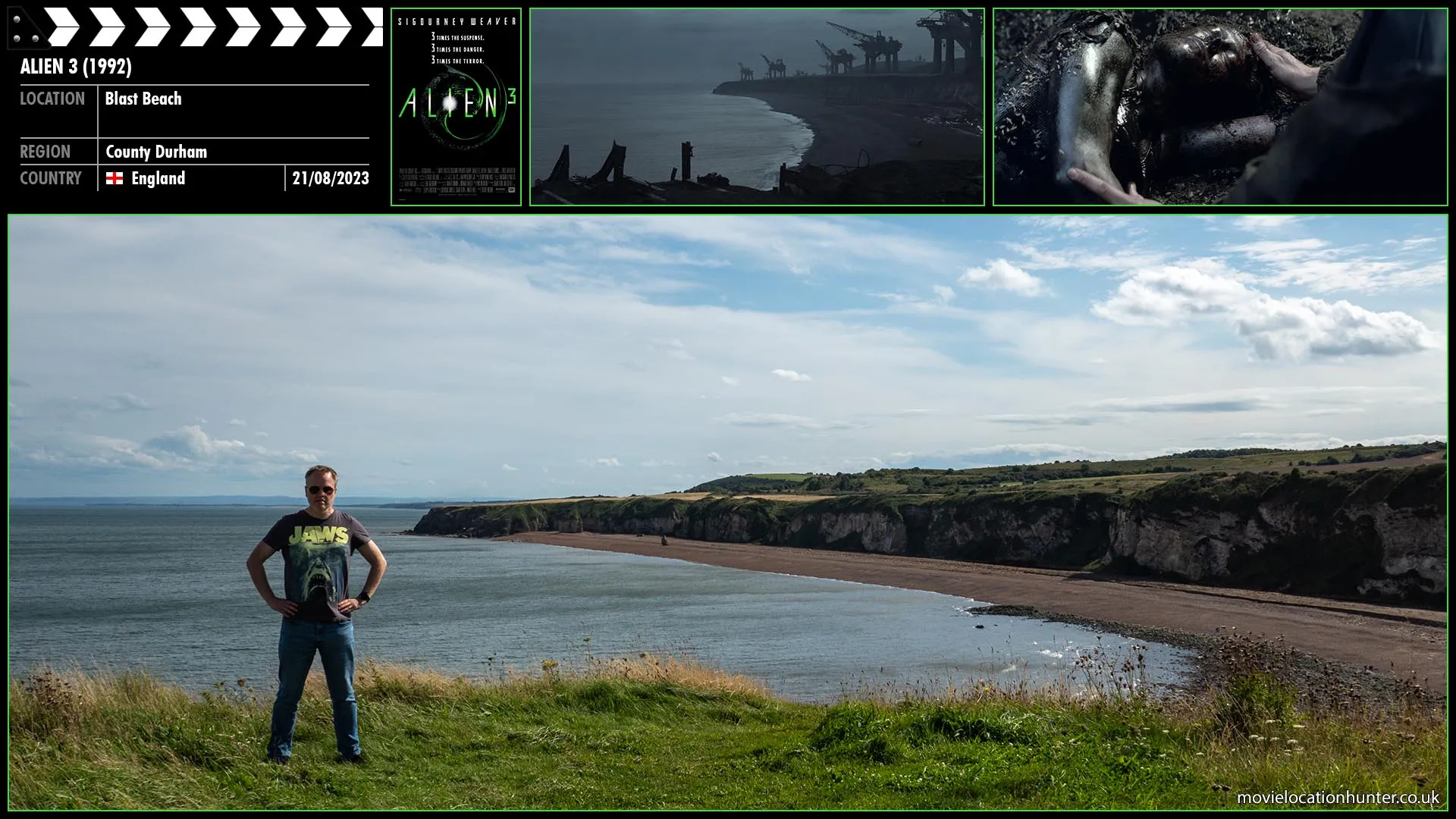 Filming location photo, shot in England, for Alien 3 (1992). Scene description: A man, Dr. Clemens (Charles Dance), wanders alone along the shoreline when he sees the crashed EEV just offshore. He then spots a strange figure lying on the beach. It is Ripley (Sigourney Weaver), covered in mud and small insects and barely alive.
