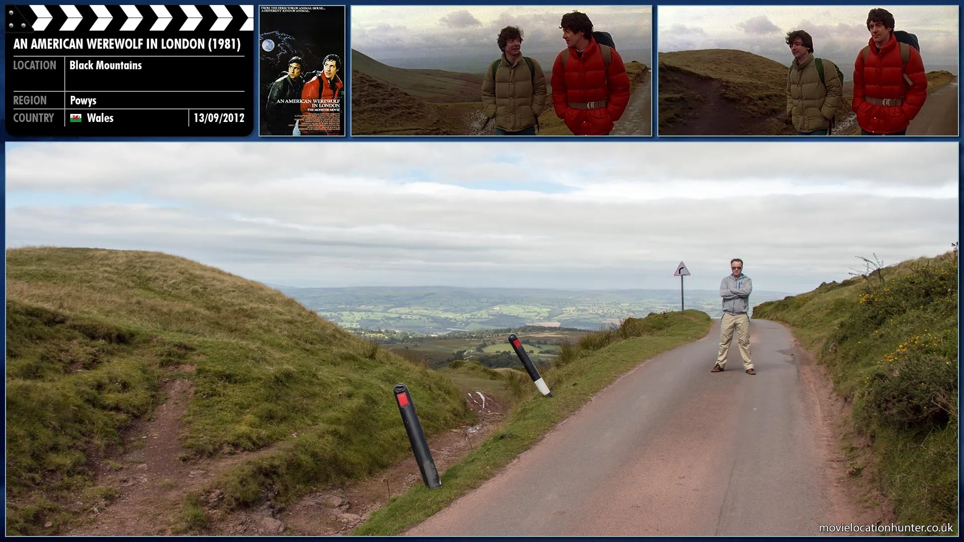 Filming location photo, shot in Wales, for An American Werewolf in London (1981). Scene description: David (David Naughton) and Jack (Griffin Dunne) walk along the road, their breath visible.
