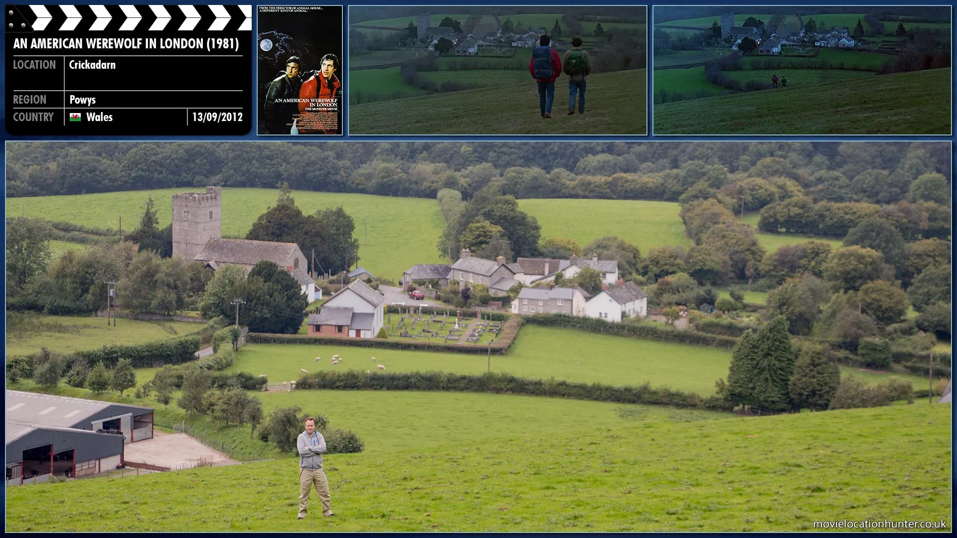 Filming location photo, shot in Wales, for An American Werewolf in London (1981). Scene description: As night begins to fall, David (David Naughton) and Jack (Griffin Dunne) head towards the small village of East Proctor.