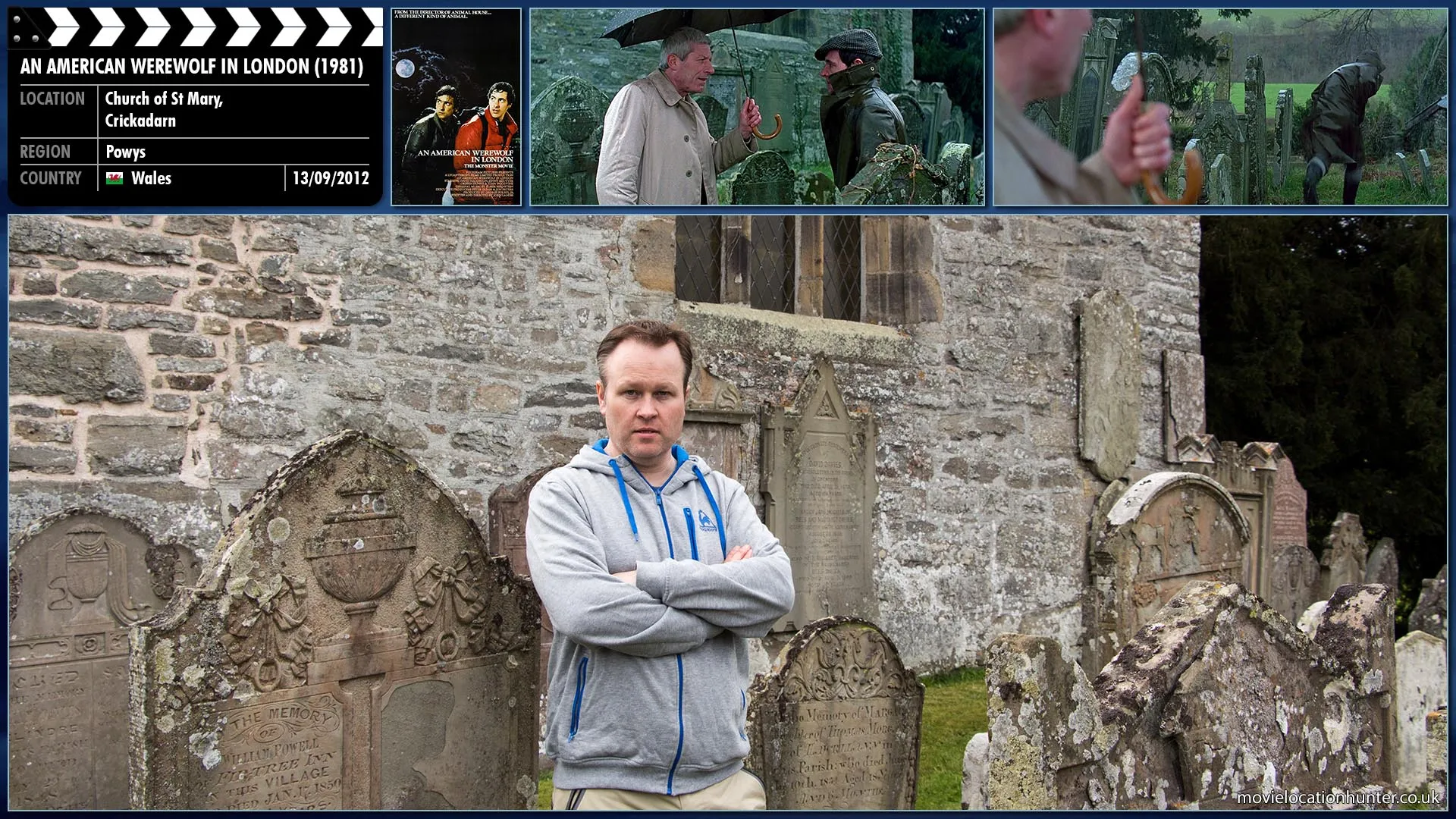 Filming location photo, shot in Wales, for An American Werewolf in London (1981). Scene description: David's doctor, Hirsch (John Woodvine), travels to East Proctor. Having been suspicious of David's wounds when he was admitted, Hirsch questions the townsfolk there, asking them why David's injuries were fully cleaned & dressed when they turned him over to the medical professionals. The townsfolk are reluctant to answer the doctor's questions, however, one of them meets the doctor outside the pub and tells him what happened and that David (David Naughton) is cursed.