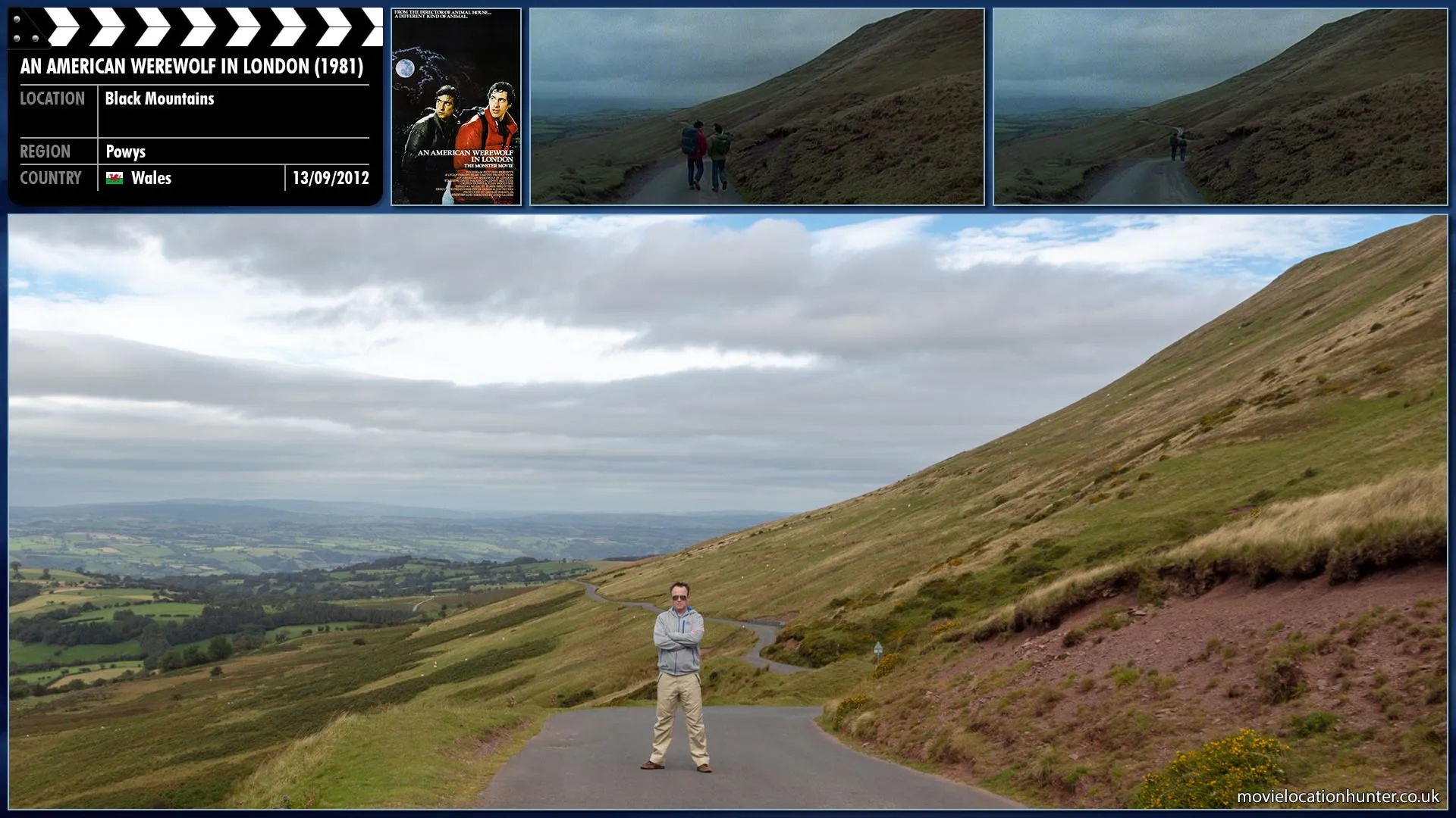 Filming location photo, shot in Wales, for An American Werewolf in London (1981). Scene description: David (David Naughton) and Jack (Griffin Dunne) continue hiking through Northern England passing the time by telling jokes.