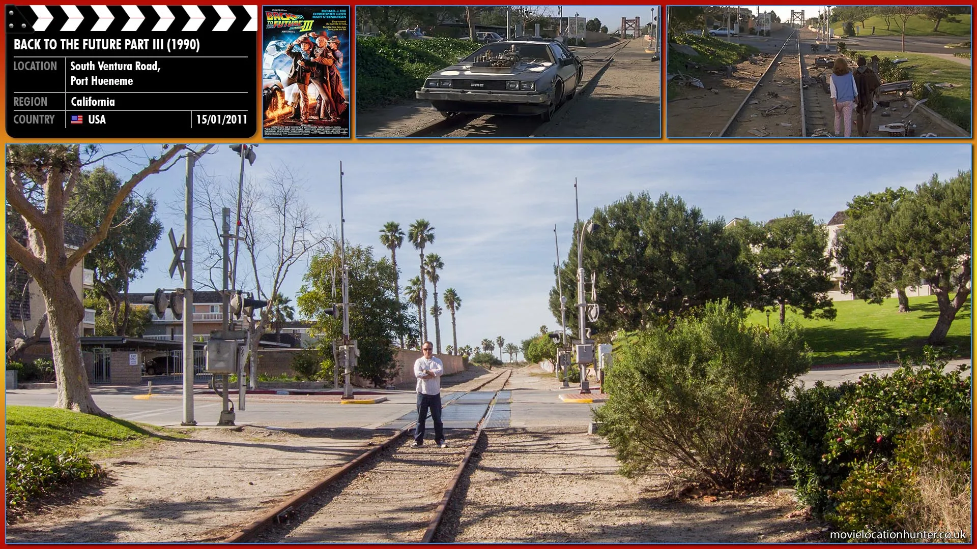 Filming location photo, shot in USA, for Back to the Future Part III (1990). Scene description: Marty (Michael J. Fox) then finds himself back in 1985, as the DeLorean coasts over the completed bridge (now spanning 
