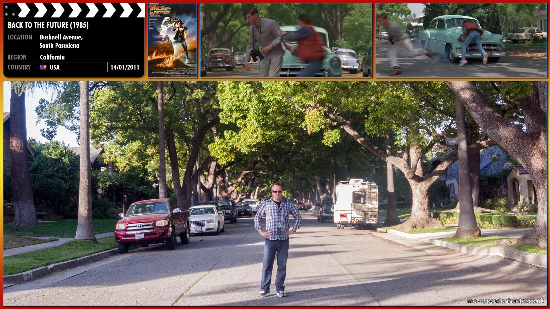 Filming location photo, shot in USA, for Back to the Future (1985). Scene description: Marty (Michael J. Fox) is shocked to find that George (Crispin Glover) is a Peeping Tom. As he strains to get a better look, George suddenly slips and falls out of the tree, landing in the street in front of an oncoming Cadillac. Marty instinctively rushes out and pushes George out of harm's way. The car slams on its brakes, but it hits Marty, who hits his head on the pavement and is knocked unconscious. George gets on his bike and rides away as Sam Baines (George DiCenzo), the driver, yells to his wife that another kid has jumped in front of his car.