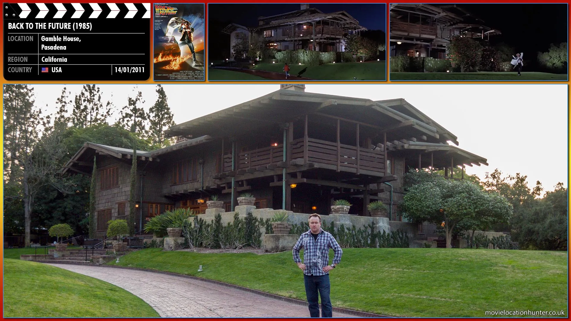 Filming location photo, shot in USA, for Back to the Future (1985). Scene description: Marty (Michael J. Fox) makes his way over to Doc's house. When Doc (Christopher Lloyd), who does not recognize Marty, answers the door, we see that he has a bandage on his forehead from where he hit his head trying to hang a clock above his toilet.