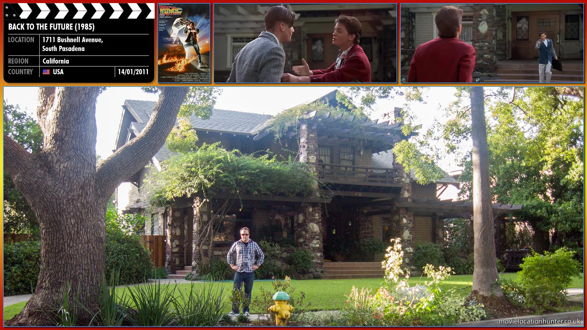 Filming location photo, shot in USA, for Back to the Future (1985). Scene description: Marty (Michael J. Fox) follows George (Crispin Glover) home and begins pleading with George to ask Lorraine out. George continues to refuse and tells Marty that no one in the world will make him change his mind.