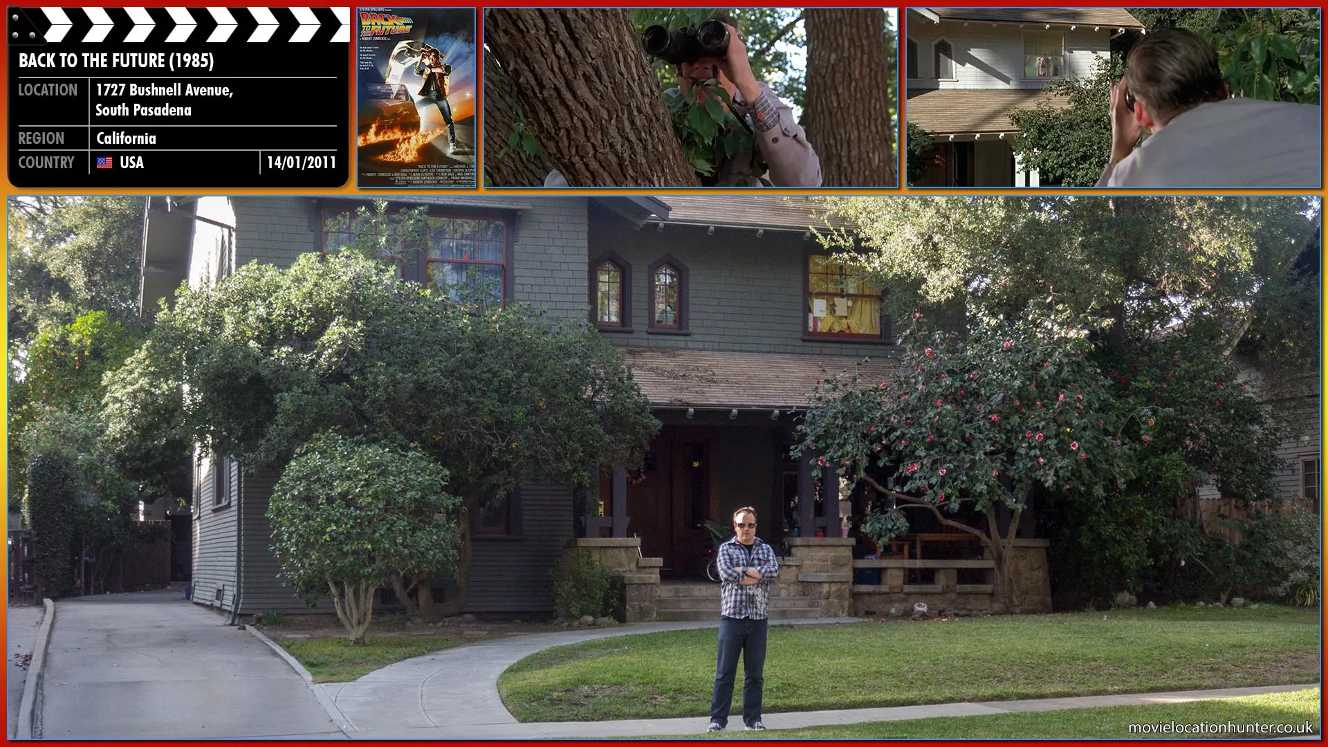 Filming location photo, shot in USA, for Back to the Future (1985). Scene description: George (Crispin Glover) is on a tree branch, using a pair of binoculars to spy on a girl getting undressed in her bedroom across the street.