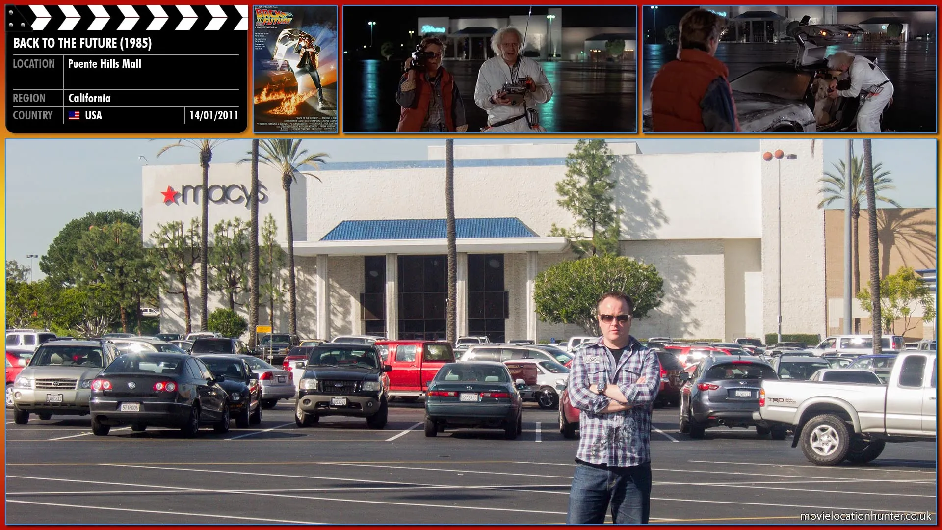 Filming location photo, shot in USA, for Back to the Future (1985). Scene description: When the vehicle is a specific distance away, Doc (Christopher Lloyd) puts its brakes on, and starts ramping up its speed, before turning off the brakes, sending the DeLorean streaking right towards him and Marty (Michael J. Fox). Suddenly, a bright light is seen from inside the DeLorean, as additional fire and lights are set off around it, and suddenly, upon hitting 88 miles per hour on the speedometer, the car vanishes in a puff of light and electricity, leaving a pair of fire trails behind from the red-hot tires. Doc excitedly cheers, but Marty is in shock, as it seems that Doc has just disintegrated Einstein.
