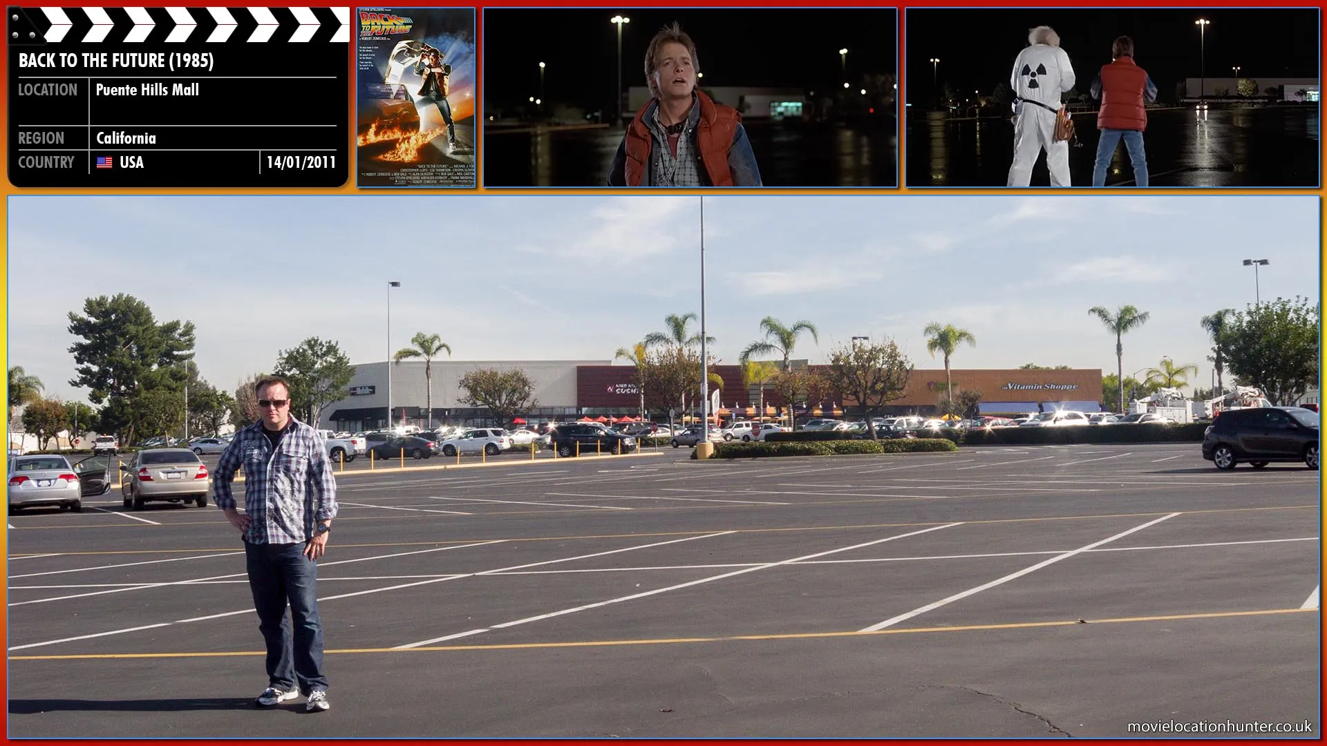 Filming location photo, shot in USA, for Back to the Future (1985). Scene description: Doc (Christopher Lloyd) places Einstein in the DeLorean and buckles him in, having Marty (Michael J. Fox) note the time on the watch around Einstein's collar, and in Doc's hand. Both are synchronized to the same time. Doc then closes the DeLorean's door, and pulls out a remote control, that he uses to maneuver the DeLorean around the parking lot.