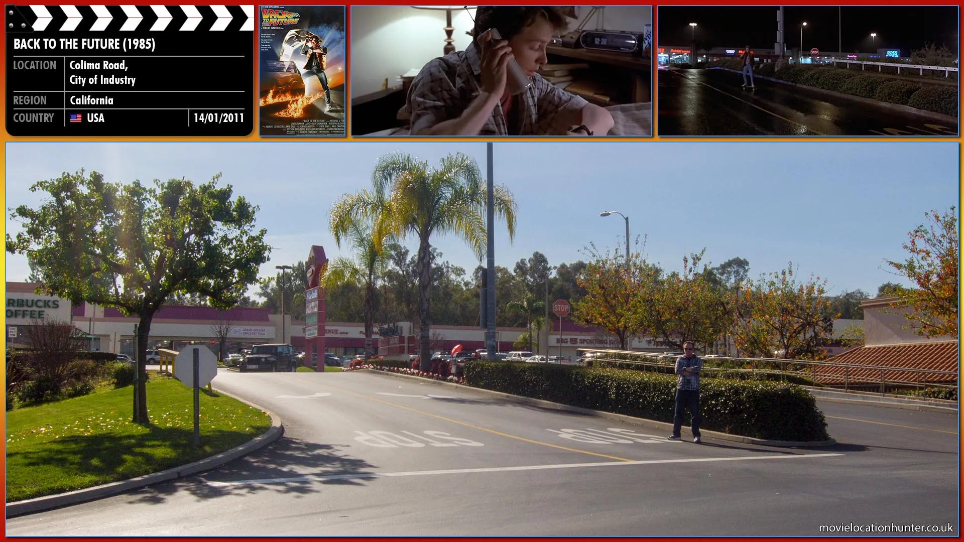 Filming location photo, shot in USA, for Back to the Future (1985). Scene description: Sometime after midnight, Marty (Michael J. Fox) is awoken by a call from Doc (Christopher Lloyd), who asks Marty to stop by the lab and pick up his video camera that he forgot. Marty does so, and heads to the Twin Pines Mall.