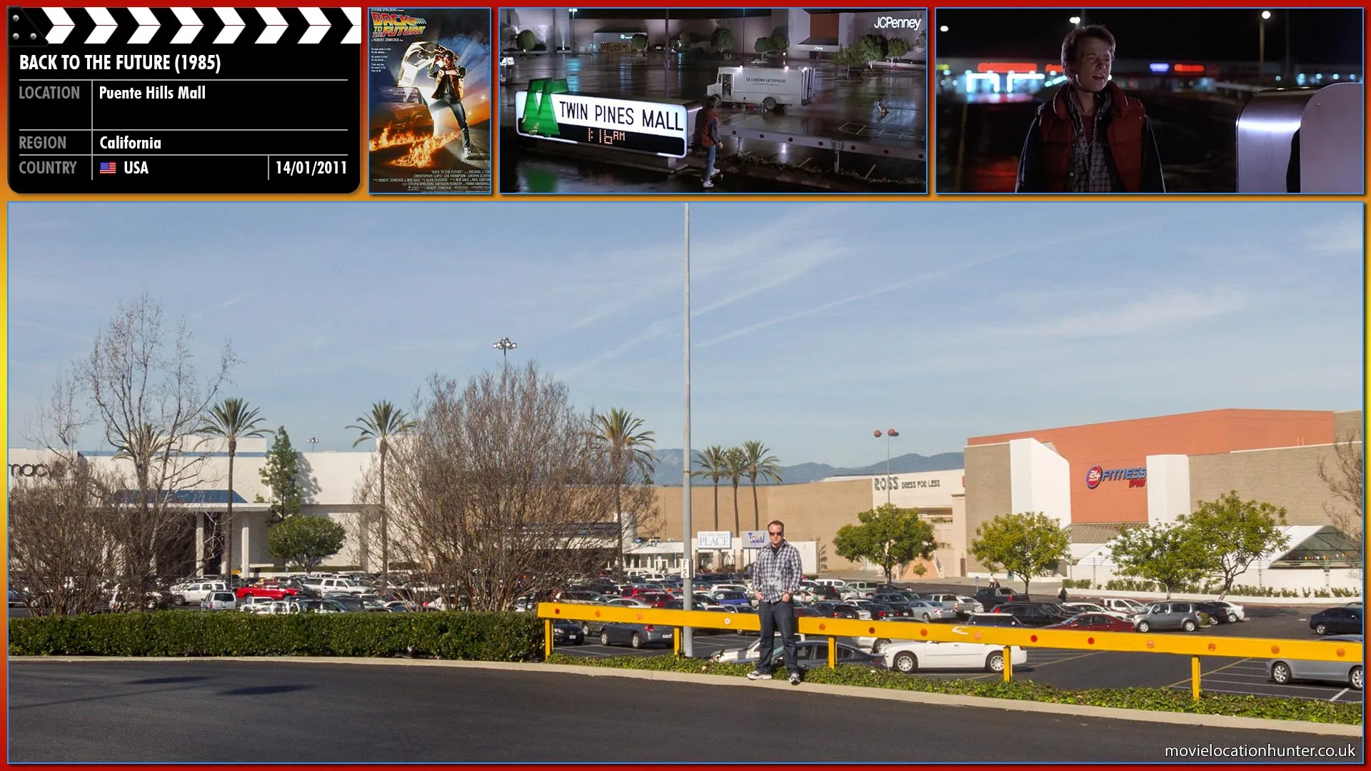 Filming location photo, shot in USA, for Back to the Future (1985). Scene description: When Marty (Michael J. Fox) arrives at the Twin Pines Mall he finds Doc's van sitting in the parking lot, with his dog, Einstein, sitting nearby.