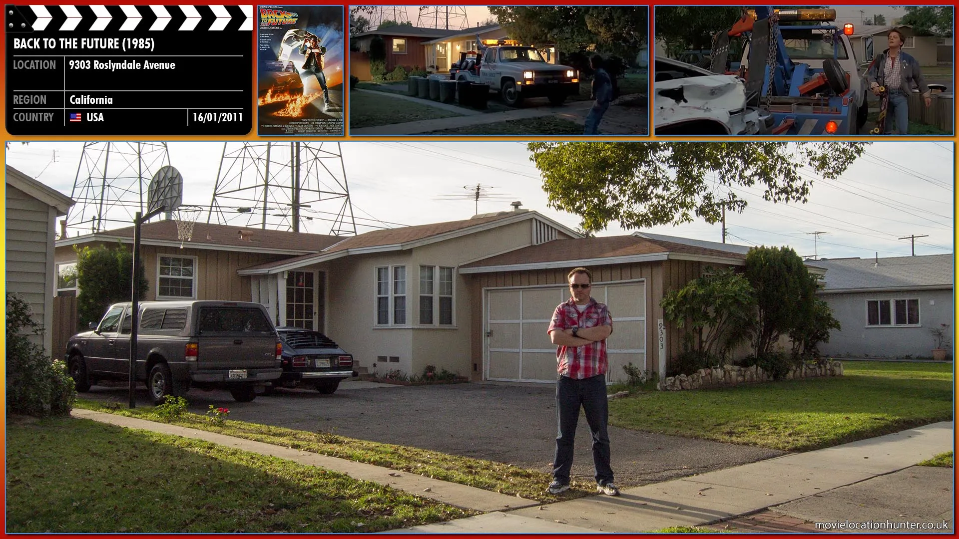 Filming location photo, shot in USA, for Back to the Future (1985). Scene description: As Marty (Michael J. Fox) rides up to his house on his stakeboard, he passes a wrecked BMW sedan being pushed back into the driveway by a tow truck. Inside, Marty's father George McFly (Crispin Glover) is arguing with his supervisor Biff Tannen (Thomas F. Wilson).