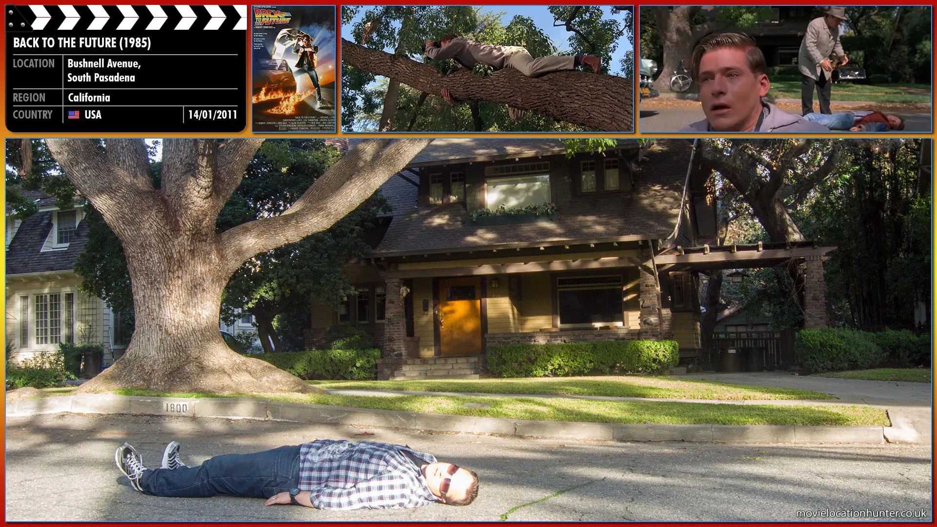 Filming location photo, shot in USA, for Back to the Future (1985). Scene description: Marty (Michael J. Fox) follows George (Crispin Glover) into another neighborhood. He momentarily loses track of him until he finds George's bike parked beneath a tree. He looks up and notices George on a tree branch, using a pair of binoculars to spy on a girl getting undressed in her bedroom across the street -- Marty is shocked to find that George is a Peeping Tom. As he strains to get a better look, George suddenly slips and falls out of the tree, landing in the street in front of an oncoming Cadillac. Marty instinctively rushes out and pushes George out of harm's way. The car slams on its brakes, but it hits Marty, who hits his head on the pavement and is knocked unconscious. George gets on his bike and rides away as Sam Baines, the driver, yells to his wife that another kid has jumped in front of his car.