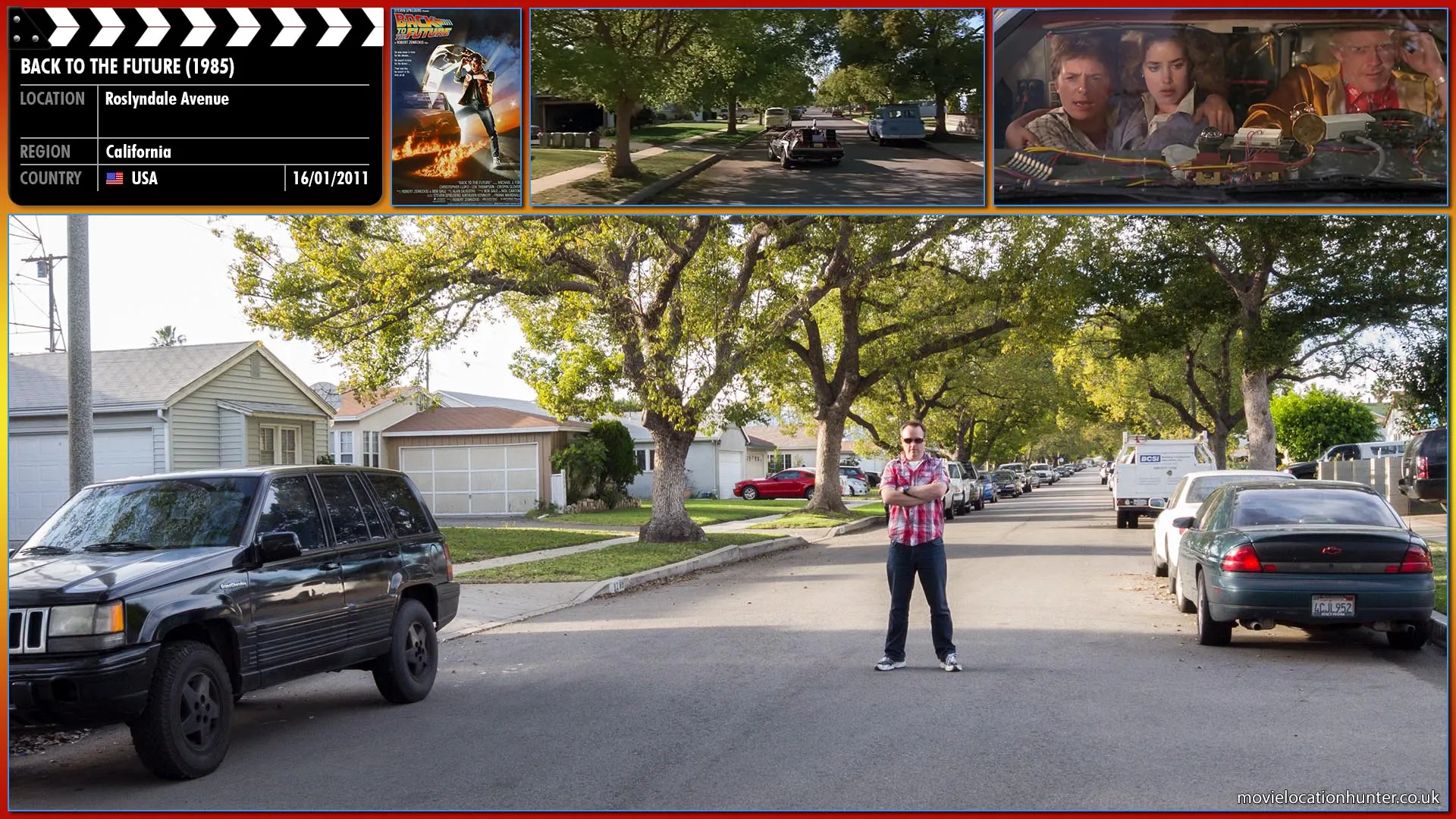 Filming location photo, shot in USA, for Back to the Future (1985). Scene description: Suddenly there is a burst of electricity and the DeLorean screeches to a halt. Doc (Christopher Lloyd) gets out, dressed in wild clothing and tells Marty (Michael J. Fox) he needs to come with him to the future; something is wrong with his and Jennifer's kids. Doc gathers 