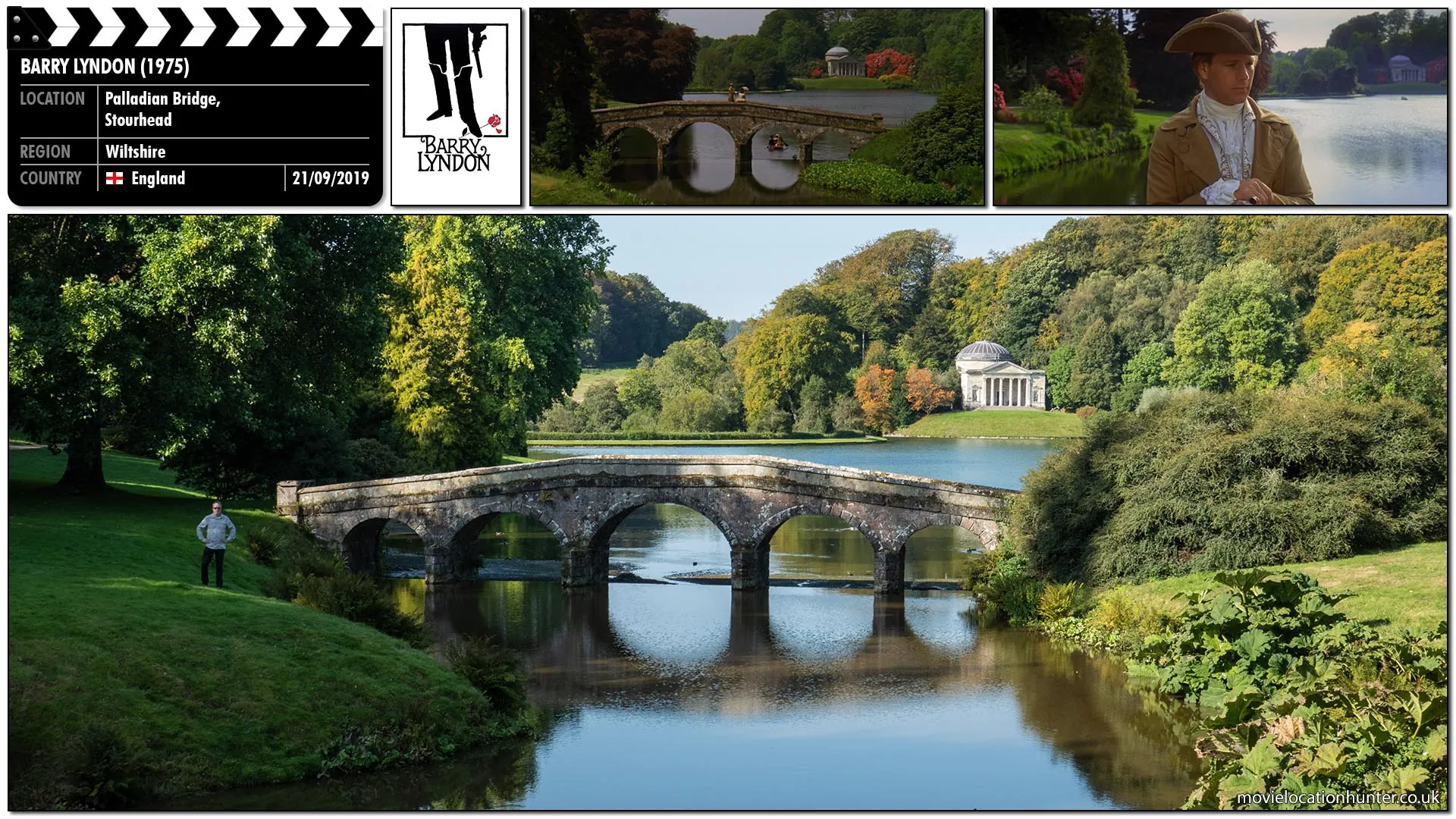 Filming location photo, shot in England, for Barry Lyndon (1975). Scene description: Barry (Ryan O'Neal) brings his mother (Marie Kean) over from Ireland to live with him on the estate grounds.