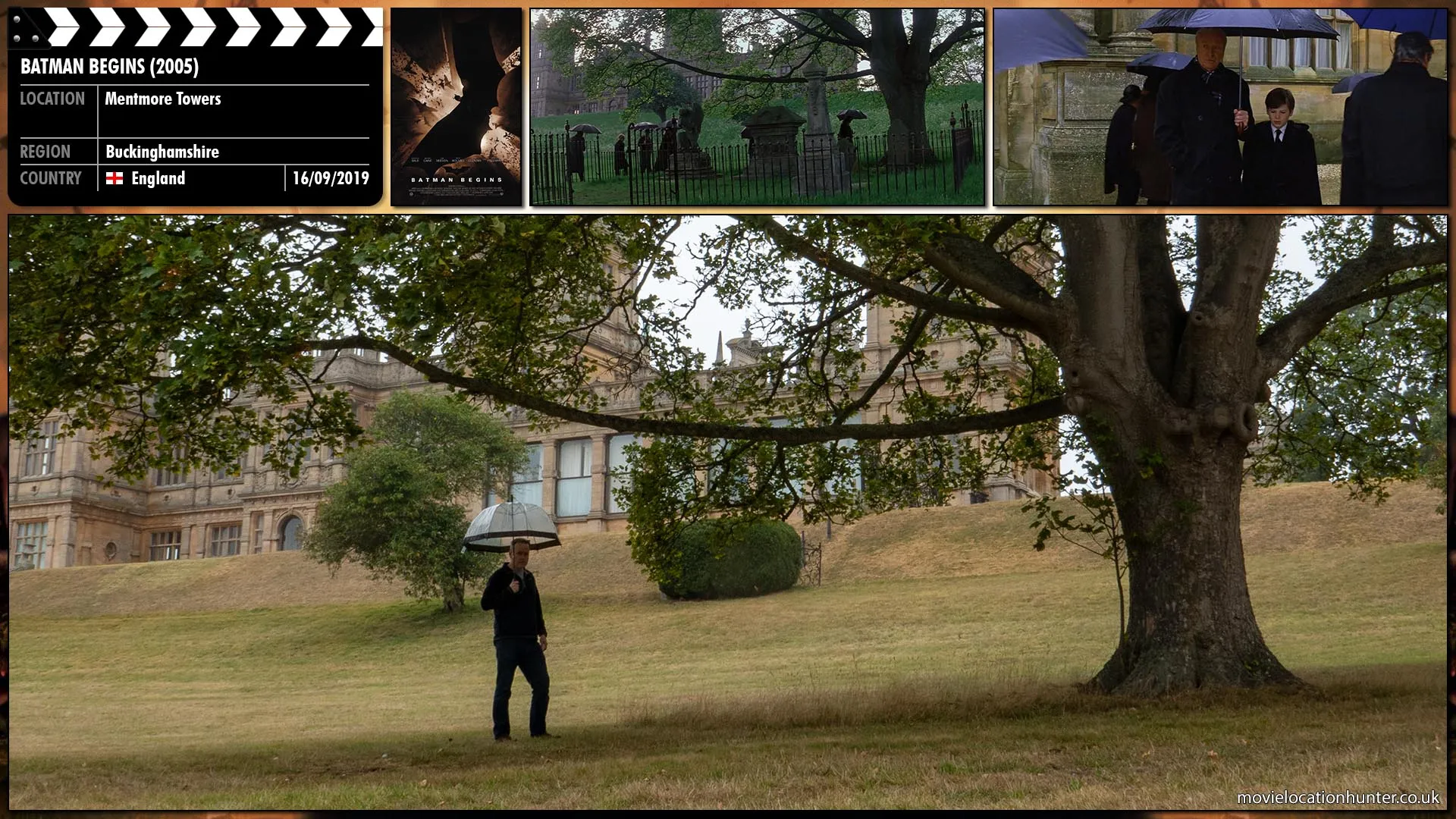 Filming location photo, shot in England, for Batman Begins (2005). Scene description: After the funeral of Bruce's parents, mourners file towards Wayne Manor.