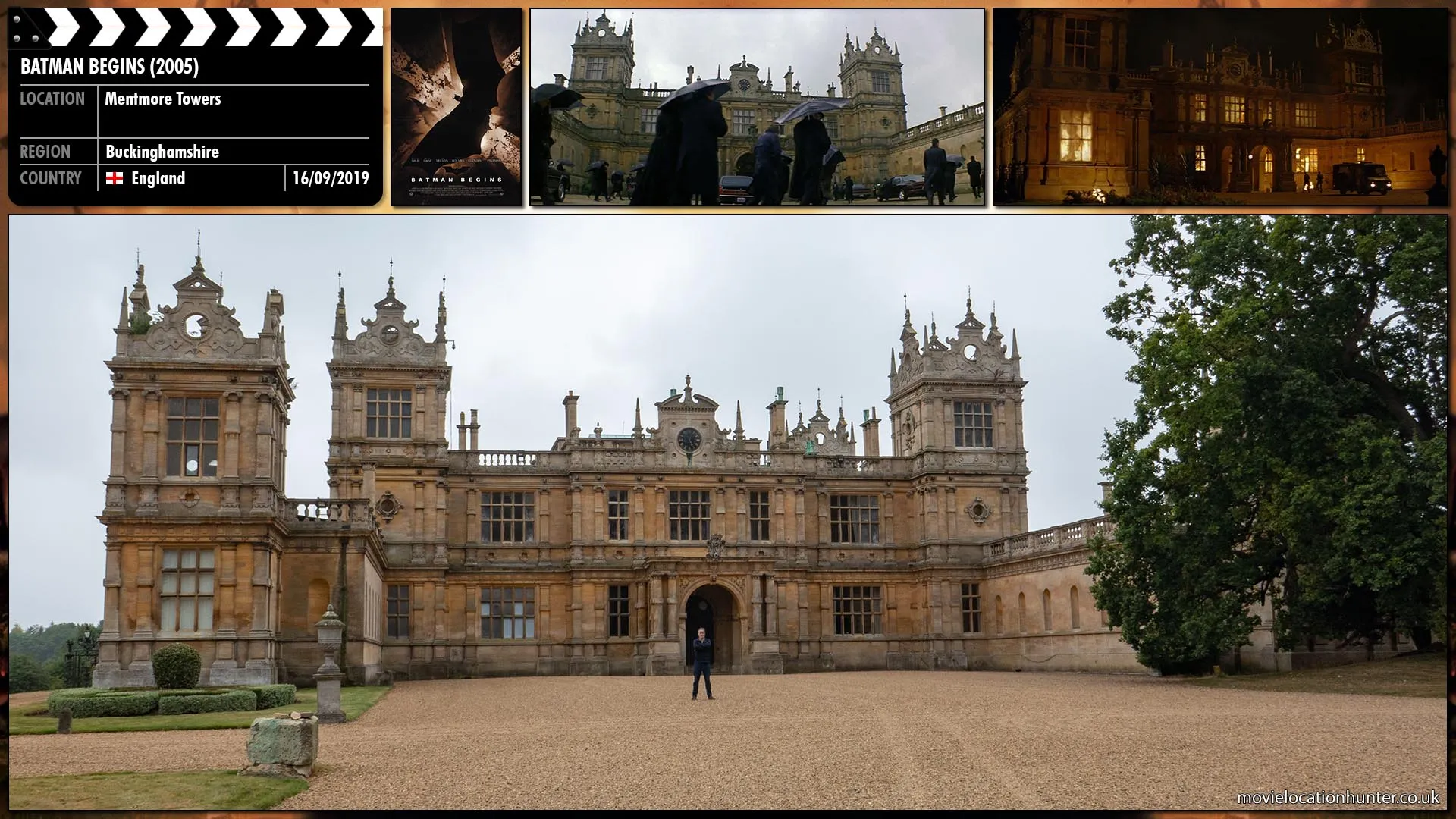 Filming location photo, shot in England, for Batman Begins (2005). Scene description: Ducard (Liam Neeson) offers Bruce (Christian Bale) one last chance to join and help the League of Shadows, which Bruce refuses, claiming that there are still good people in the city and that Gotham isn't beyond saving. Ra's nods to other League members, who set fire to the mansion.