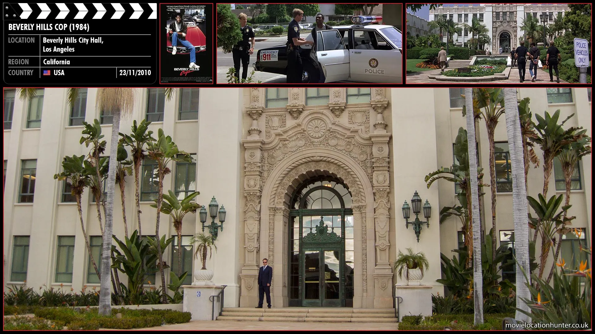 Filming location photo, shot in USA, for Beverly Hills Cop (1984). Scene description: Axel (Eddie Murphy) finagles his way into Maitland's office.  Axel presses Maitland for answers about Mikey, but Maitland has his bodyguards throw Axel out - literally through a glass window on the main floor.  Outside, Axel is confronted by the Beverly Hills police over a report of disturbing the peace. Finding his gun, they arrest him for possessing a concealed weapon, and take him to the police station.