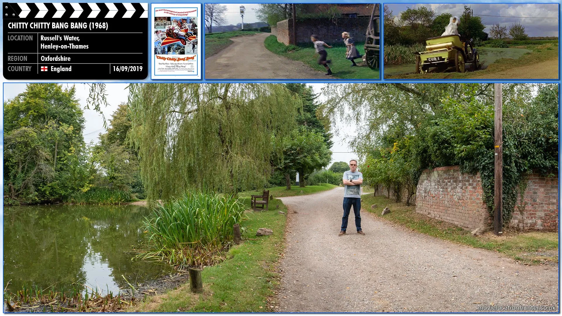 Filming location photo, shot in England, for Chitty Chitty Bang Bang (1968). Scene description: While playing truant from school, Jeremy Potts (Adrian Hall) and Jemima Potts (Heather Ripley) meet Truly Scrumptious (Sally Ann Howes), a beautiful upper-class woman with her own motor car, by running out in front of her causing her to drive into the pond.