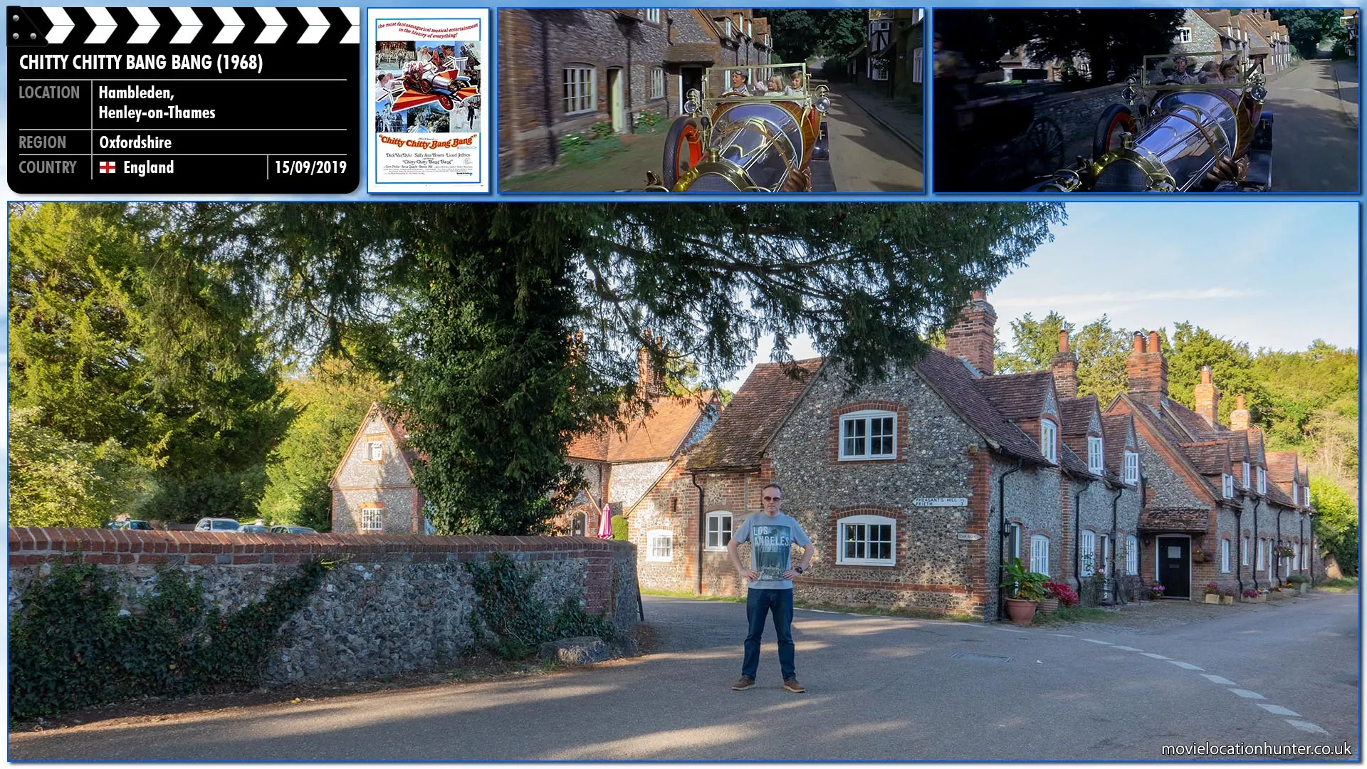 Filming location photo, shot in England, for Chitty Chitty Bang Bang (1968). Scene description: Caractacus and his children Jeremy (Adrian Hall) and Jemima (Heather Ripley) drive their new car, named 