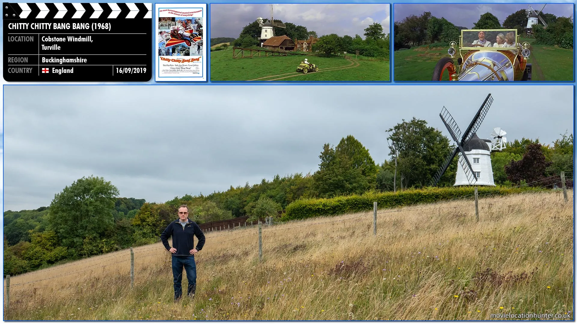 Filming location photo, shot in England, for Chitty Chitty Bang Bang (1968). Scene description: Caractacus Potts (Dick Van Dyke) buys a disused car and rebuilds it. In the first trip in the car, Caractacus and his children Jeremy (Adrian Hall) and Jemima (Heather Ripley), name the car 