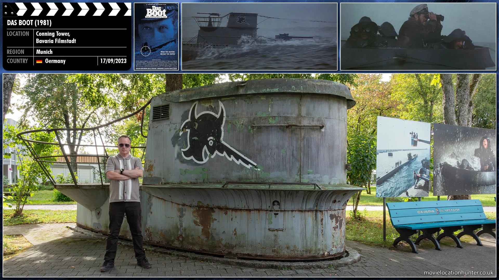 Filming location photo, shot in Germany, for Das Boot (1981). Scene description: Original 1:1 replica of a Type 7C U-Boot conning tower used in a water tank at the Bavaria Studios in Munich for outdoor scenes not requiring a full view of the boat's exterior.  filming on the outdoor mockup or the conning tower, jets of cold water were hosed over the actors to simulate the breaking ocean waves.