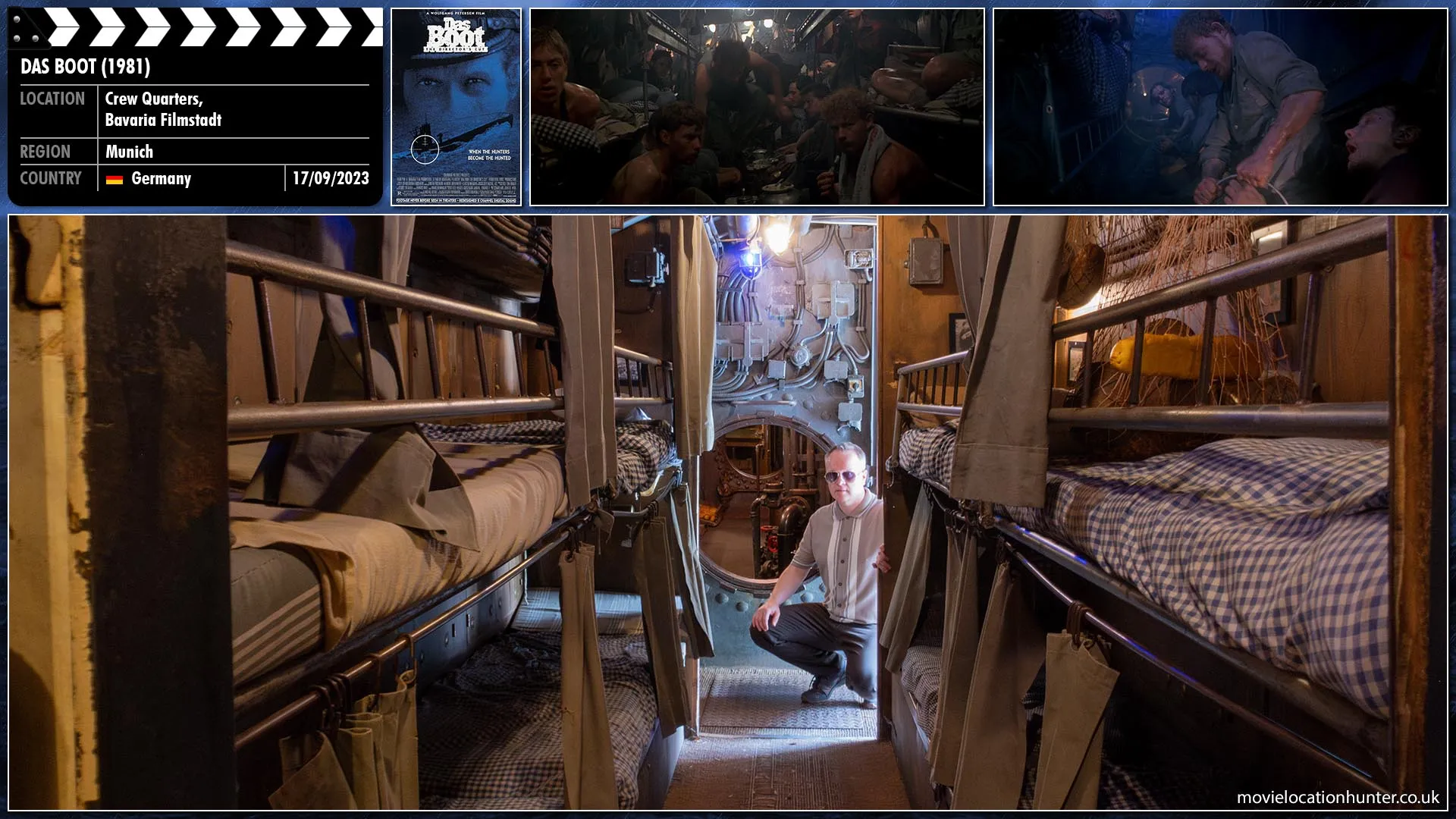 Filming location photo, shot in Germany, for Das Boot (1981). Scene description: Original U-boat interior of the Crew Quarters used during filming and now on display as part of a guided tour at the Bavaria Film Studios in Munich, Germany. During filming, the interior U-boat mock-up was mounted five metres off the floor and was shaken, rocked, and tilted up to 45 degrees by means of a hydraulic apparatus, and was vigorously shaken to simulate depth charge attacks.