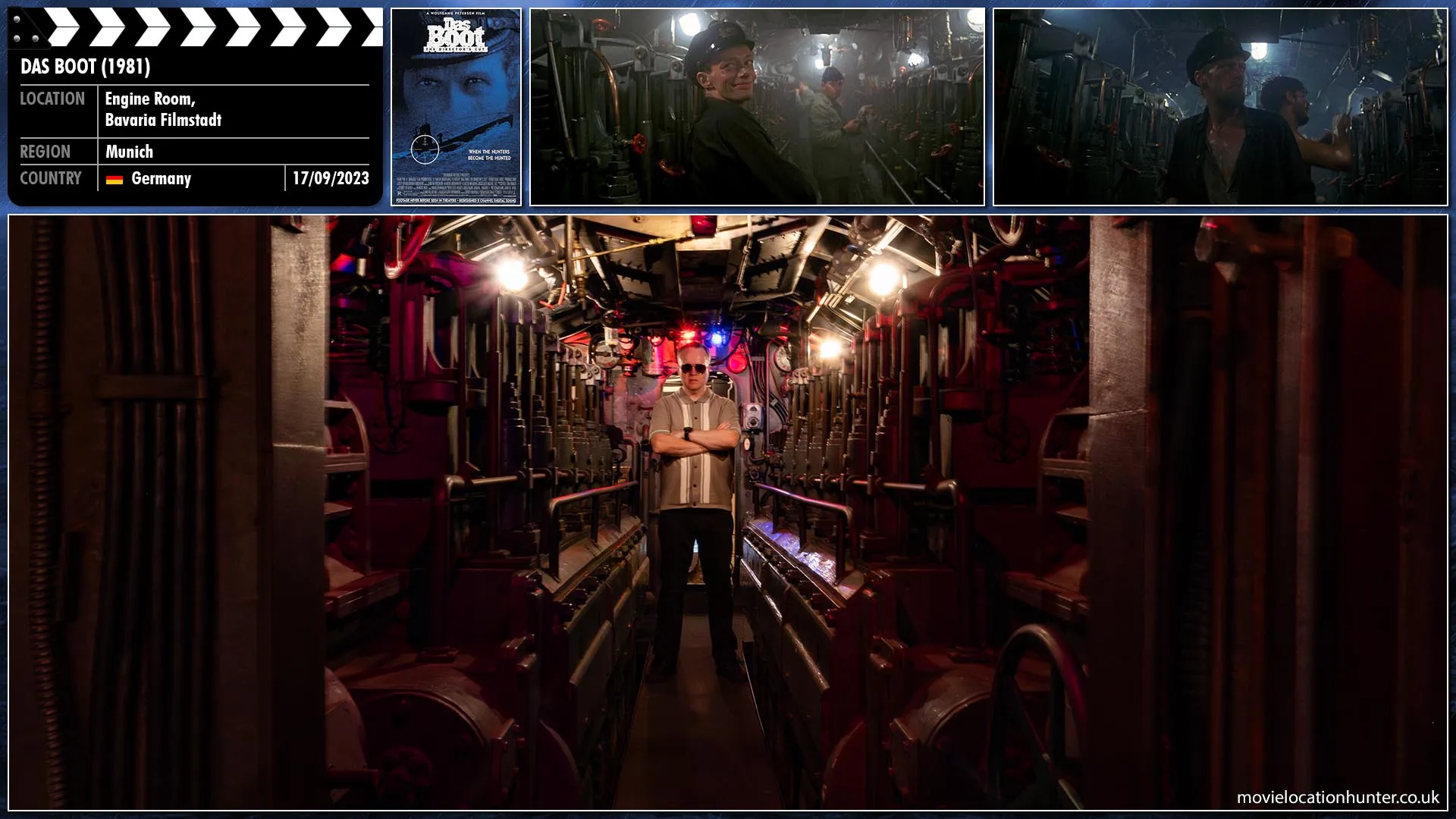 Filming location photo, shot in Germany, for Das Boot (1981). Scene description: Original U-boat interior of the Engine Room used during filming and now on display as part of a guided tour at the Bavaria Film Studios in Munich, Germany. During filming, the interior U-boat mock-up was mounted five metres off the floor and was shaken, rocked, and tilted up to 45 degrees by means of a hydraulic apparatus, and was vigorously shaken to simulate depth charge attacks.