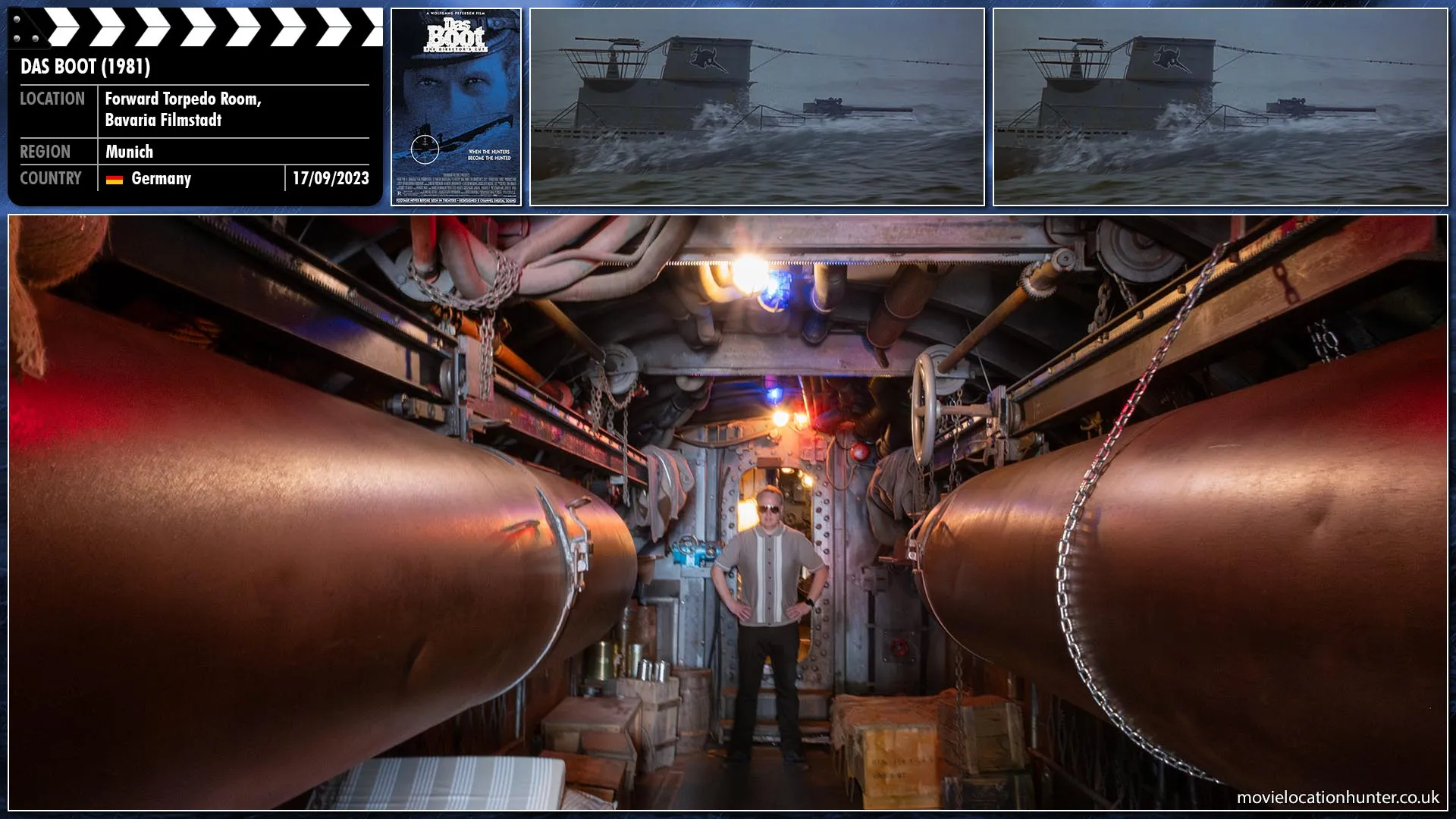 Filming location photo, shot in Germany, for Das Boot (1981). Scene description: Original U-boat interior of the Torpedo Room used during filming and now on display as part of a guided tour at the Bavaria Film Studios in Munich, Germany. During filming, the interior U-boat mock-up was mounted five metres off the floor and was shaken, rocked, and tilted up to 45 degrees by means of a hydraulic apparatus, and was vigorously shaken to simulate depth charge attacks.