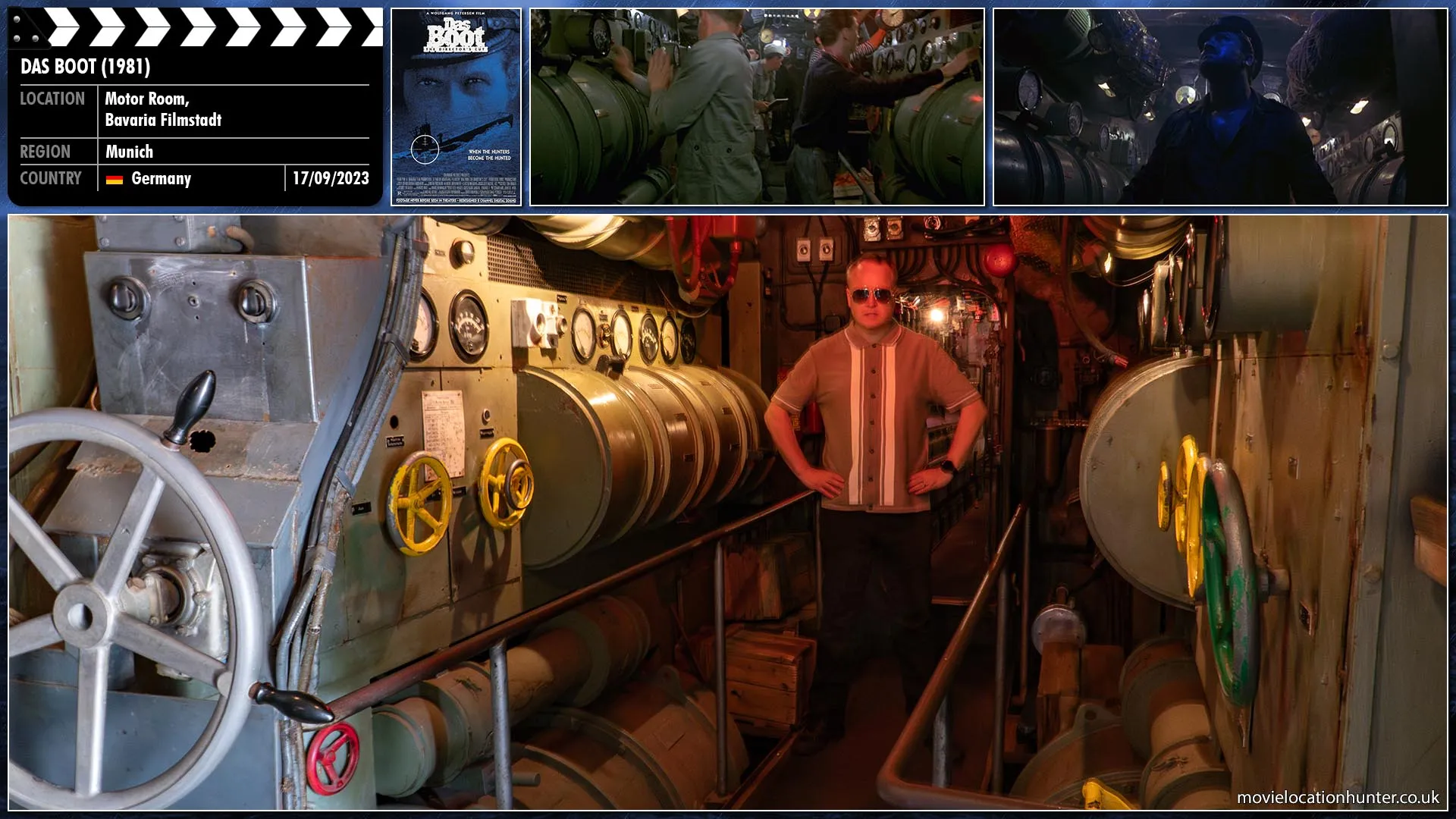 Filming location photo, shot in Germany, for Das Boot (1981). Scene description: Original U-boat interior of the Motor Room used during filming and now on display as part of a guided tour at the Bavaria Film Studios in Munich, Germany. During filming, the interior U-boat mock-up was mounted five metres off the floor and was shaken, rocked, and tilted up to 45 degrees by means of a hydraulic apparatus, and was vigorously shaken to simulate depth charge attacks.