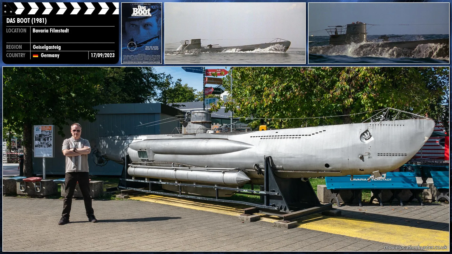 Filming location photo, shot in Germany, for Das Boot (1981). Scene description: This VIIC U-96 model was used for all the running on the surface, diving and surfacing shots. Originally this was controlled by a diver concealed inside, but he became very seasick and subsequently the sub was towed by a boat out of shot.