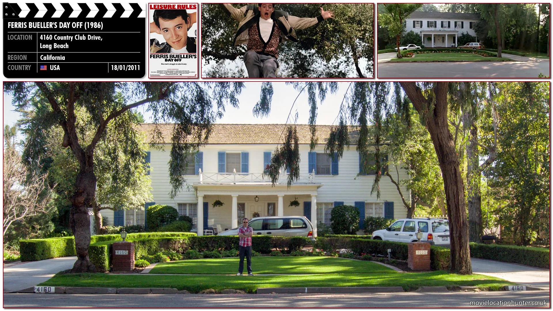 Filming location photo, shot in USA, for Ferris Bueller's Day Off (1986). Scene description: Ferris (Matthew Broderick) walks Sloane (Mia Sara) home, then quickly races through the backyards of his neighborhood, attempting to beat his parents home. When he gets there, he finds Mr. Rooney (Jeffrey Jones) waiting for him.