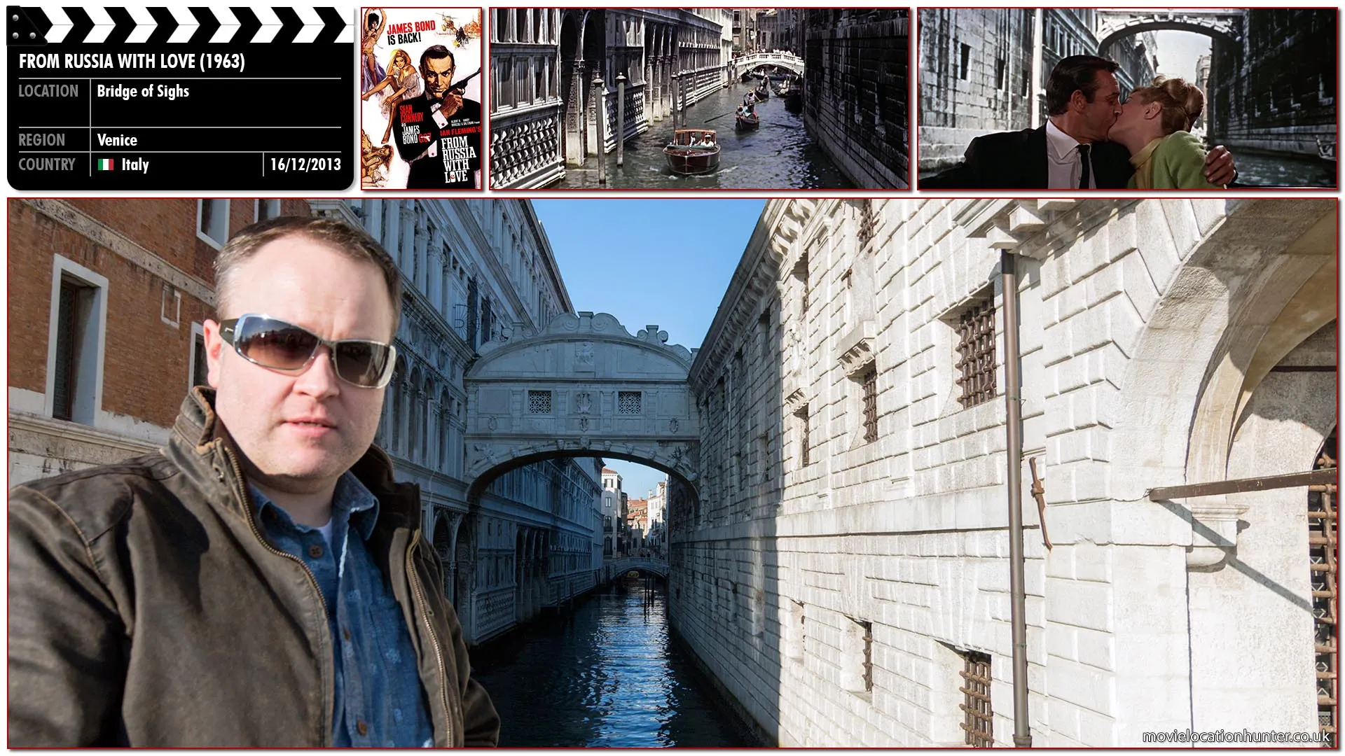 Filming location photo, shot in Italy, for From Russia with Love (1963). Scene description: Bond (Sean Connery) and Tatiana (Daniela Bianchi) take a romantic pleasure cruise on Venice's Grand Canal. Tatiana returns the wedding band that MI6 had provided for the mission and Bond puts it in his pocket for safekeeping until he can return it. He then removes from his pocket the film of his and Tatiana's night together, pulling it out partway and examining some of the frames. He kisses Tatiana passionately and throws the film in the river.