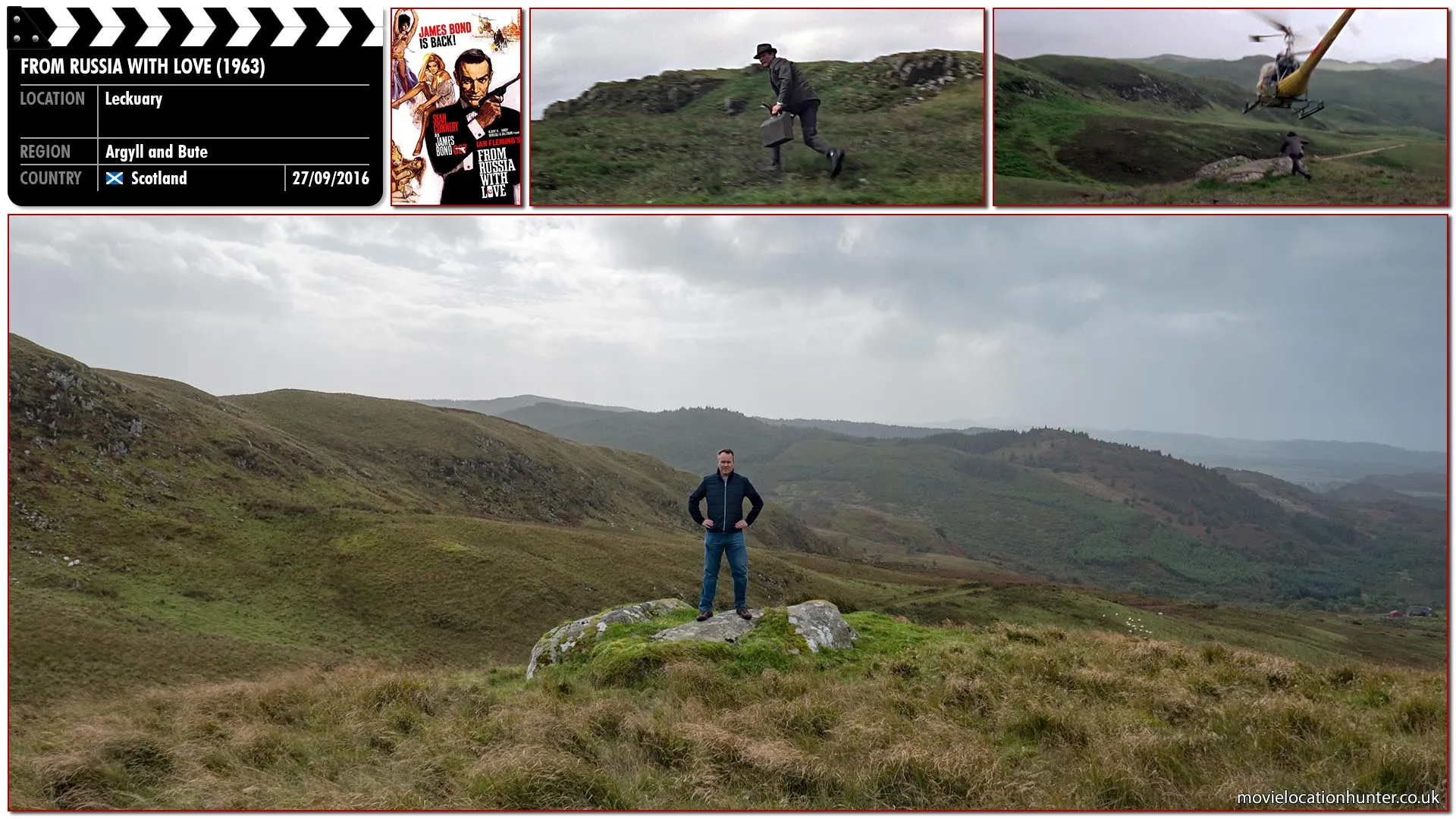 Filming location photo, shot in Scotland, for From Russia with Love (1963). Scene description: Bond and Romanova are pursued by a helicopter dropping hand grenades eventually forcing them to abandoned their truck.  Bond tells Romanova to hide under the truck whilst he leads the helicopter away.