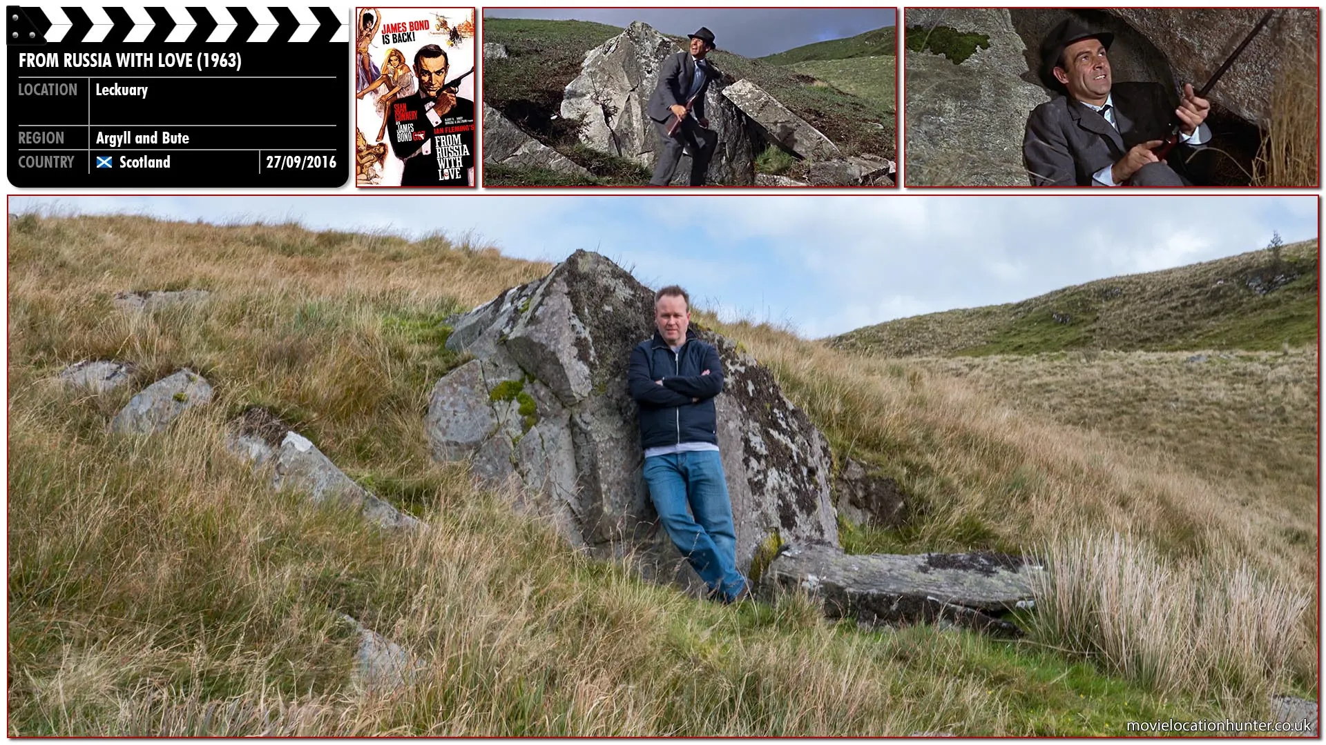 Filming location photo, shot in Scotland, for From Russia with Love (1963). Scene description: Taking cover near a rock Bond shoots the henchman riding in the low-flying helicopter, and the wounded bomber drops a live grenade inside chopper so it explodes, quite specatularly, in mid-air.