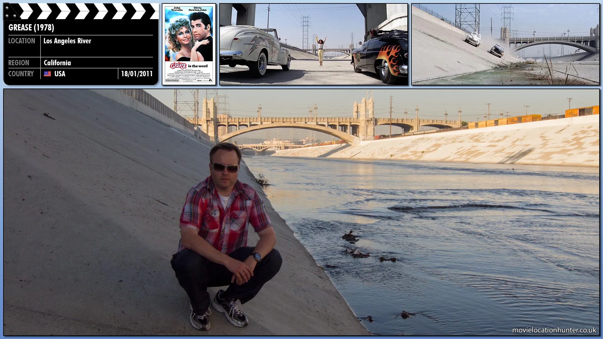 Filming location photo, shot in USA, for Grease (1978). Scene description: Kenickie (Jeff Conaway) and his rival Leo (Dennis C. Stewart) have arranged a race. Kenickie suffers a concussion when hit by his own car door so Danny (John Travolta) ends up driving for him and winning.
