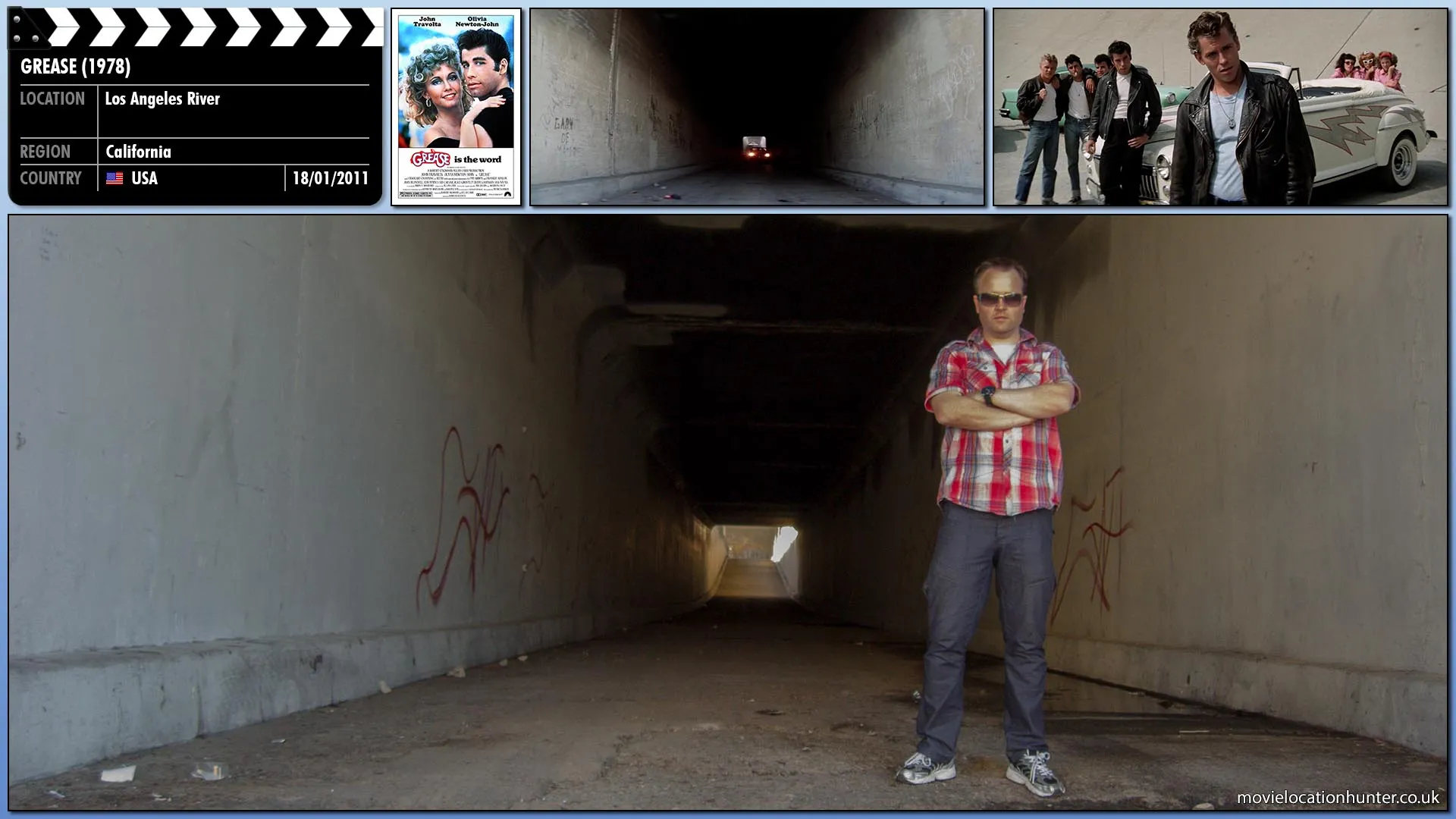 Filming location photo, shot in USA, for Grease (1978). Scene description: Kenickie (Jeff Conaway) leads the T-Birds into the Los Angeles River for the race against his Leo (Dennis C. Stewart) of the rivalling greaser-gang known as the Scorpions.