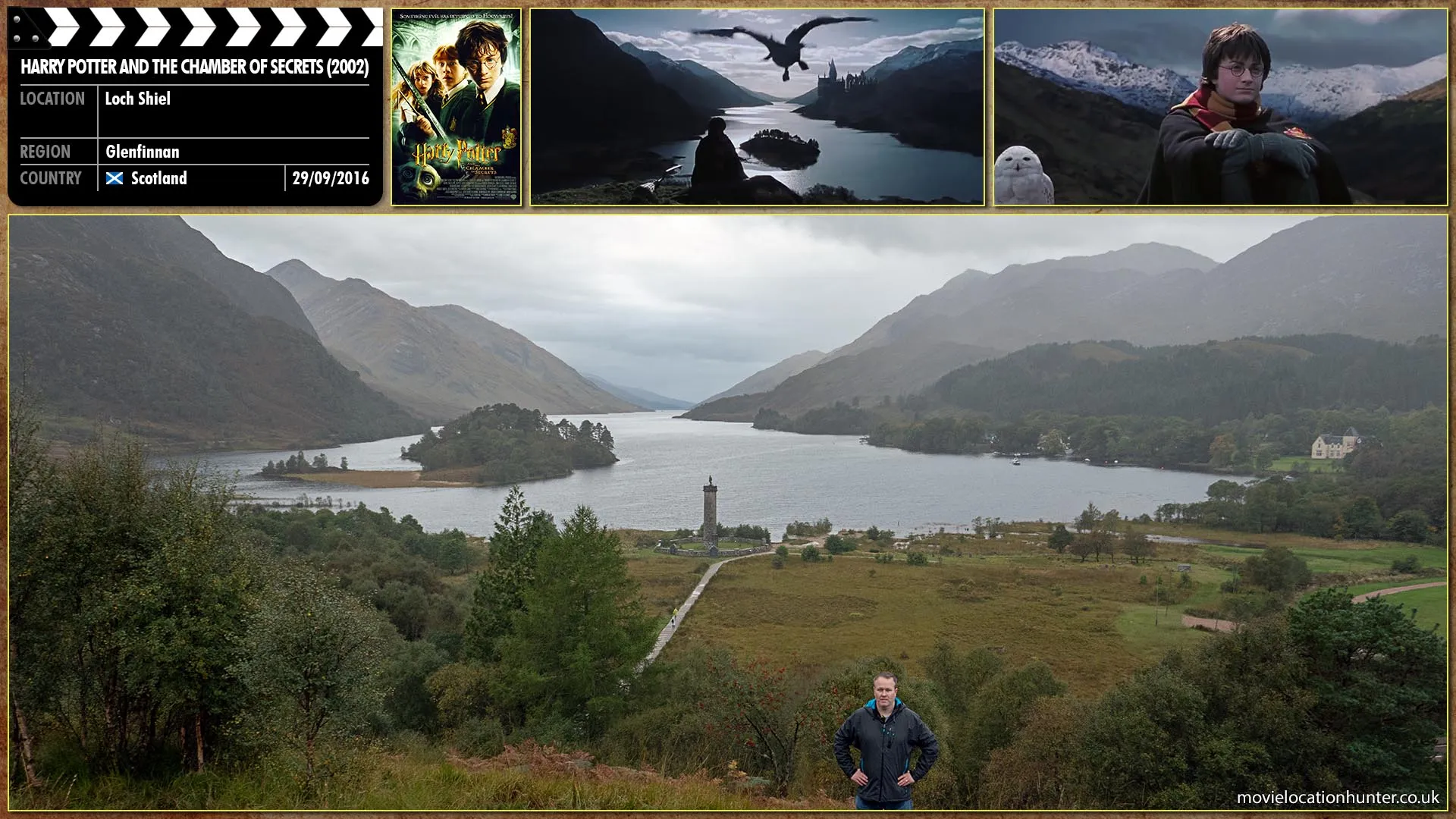 Filming location photo, shot in Scotland, for Harry Potter and the Chamber of Secrets (2002). Scene description: Harry (Daniel Radcliffe) sits with Hedwig looking at Hogwarts from a distance wondering if really could be the Heir of Slytherin