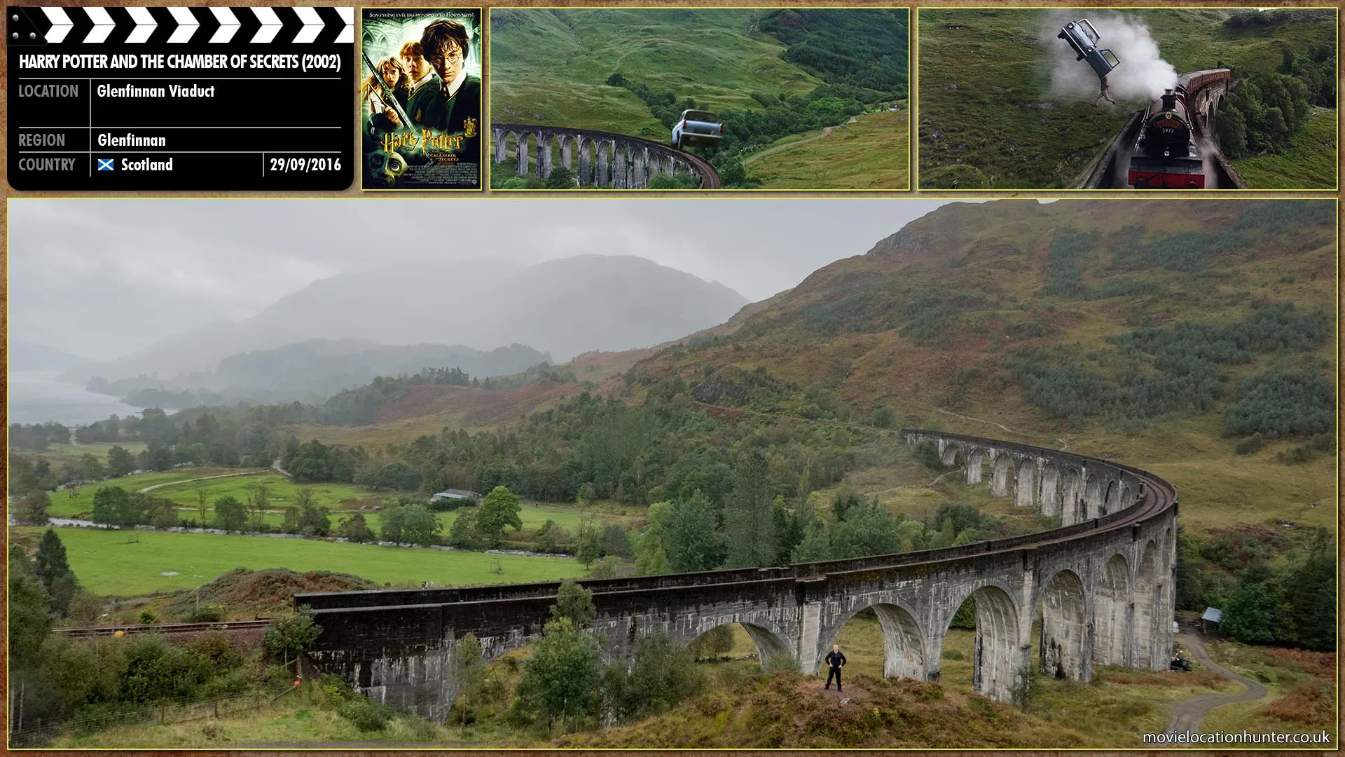 Filming location photo, shot in Scotland, for Harry Potter and the Chamber of Secrets (2002). Scene description: On its way to Hogwarts, the Ford Anglia lands on the train tracks and is almost hit by the Hogwarts Express train.