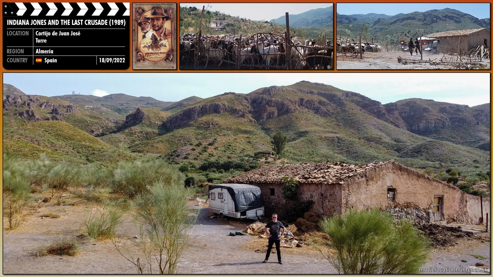 Filming location photo, shot in Spain, for Indiana Jones and the Last Crusade (1989). Scene description: The wheels of the plane touch down. Out of control, the plane skids and crashes first into a corral of goats and then into the farmhouse beyond sending a cloud of dust into the air.