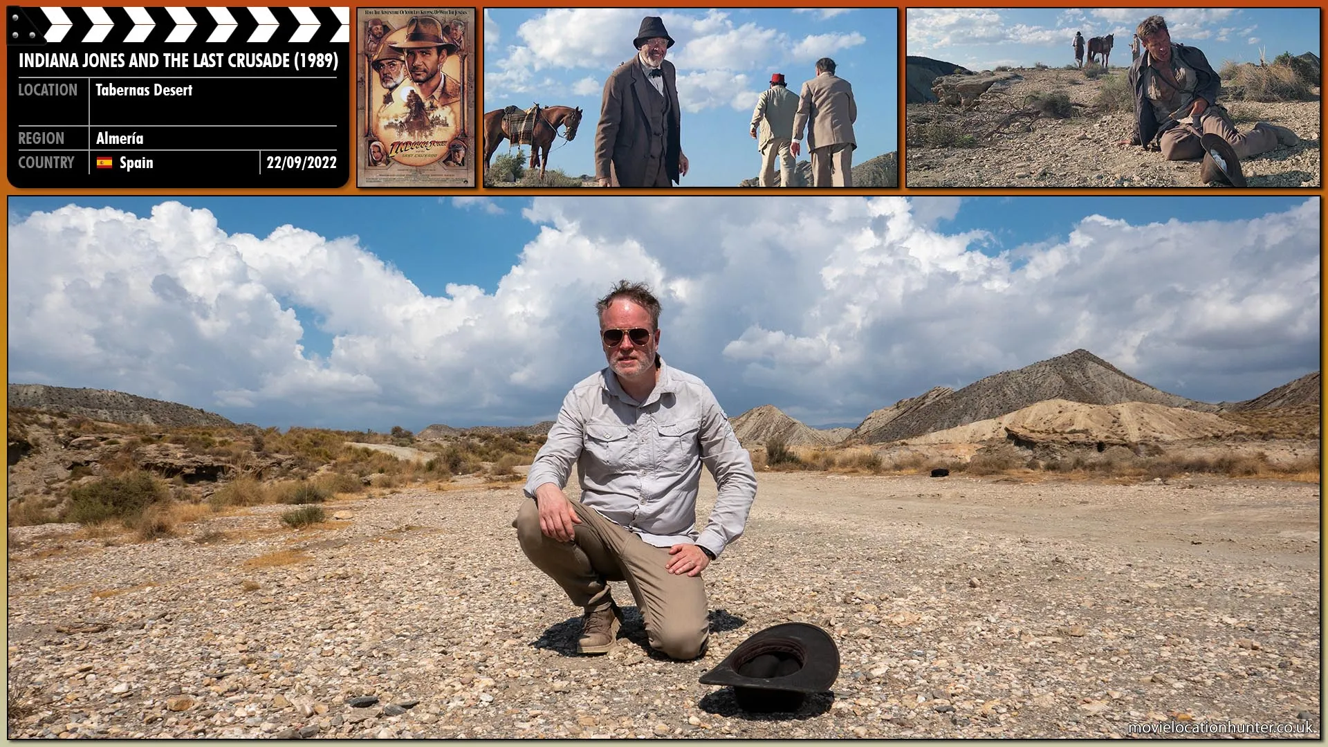 Filming location photo, shot in Spain, for Indiana Jones and the Last Crusade (1989). Scene description: Henry (Sean Connery) turns and walks toward the horse with Brody (Denholm Elliott) and Sallah (John Rhys-Davies). Suddenly the fedora, borne on the wind, blows into scene and lands at Indy's (Harrison Ford) feet.