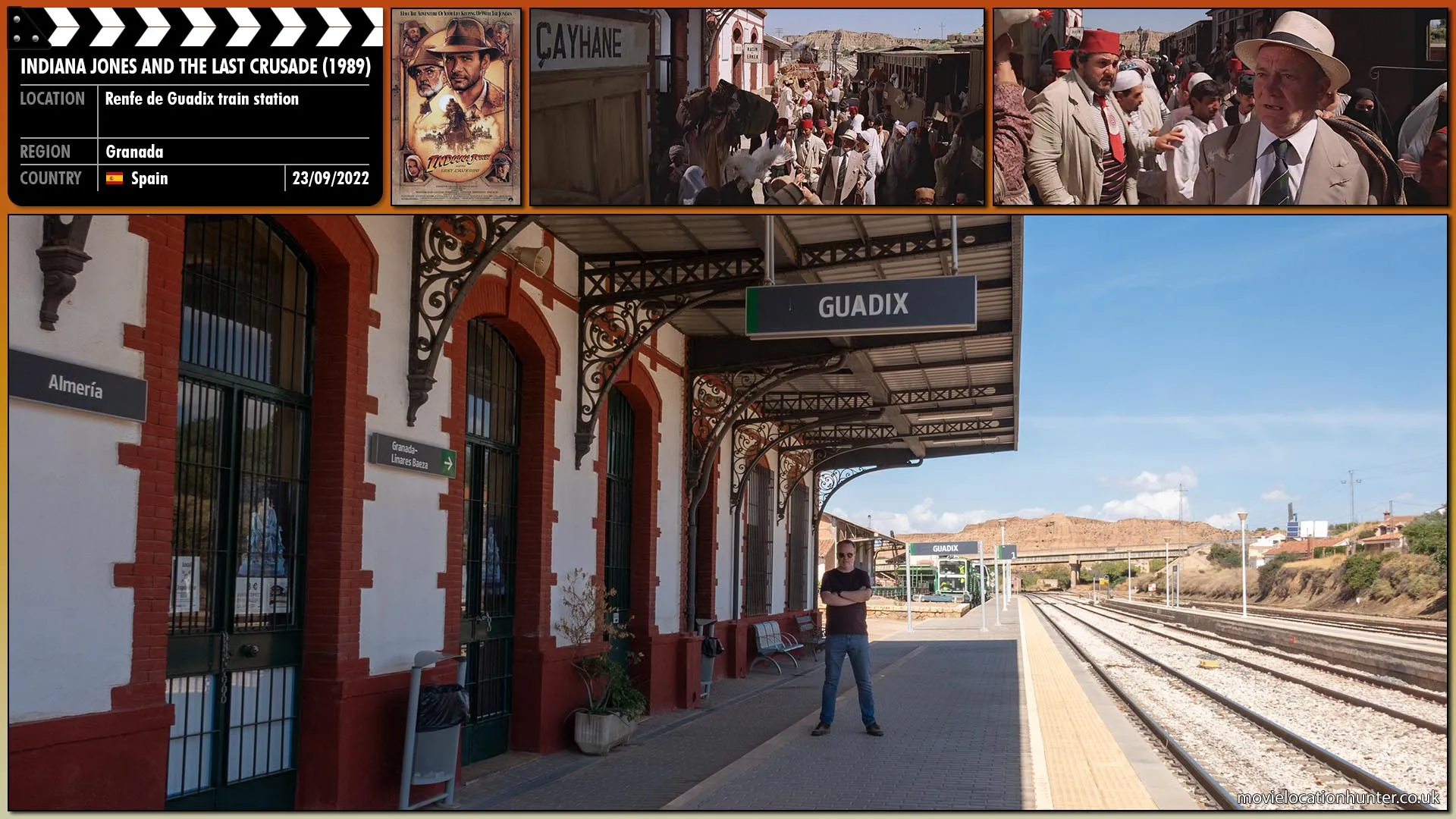 Filming location photo, shot in Spain, for Indiana Jones and the Last Crusade (1989). Scene description: Brody (Denholm Elliott) disembarks from the train along with the other passengers, a cross-section of Arabs and Tusks. Locals surround Brody trying to sell their wares.  Sallah (John Rhys-Davies) shoulders his way through the mob toward Brody. They meet and hug, then begin to walk.