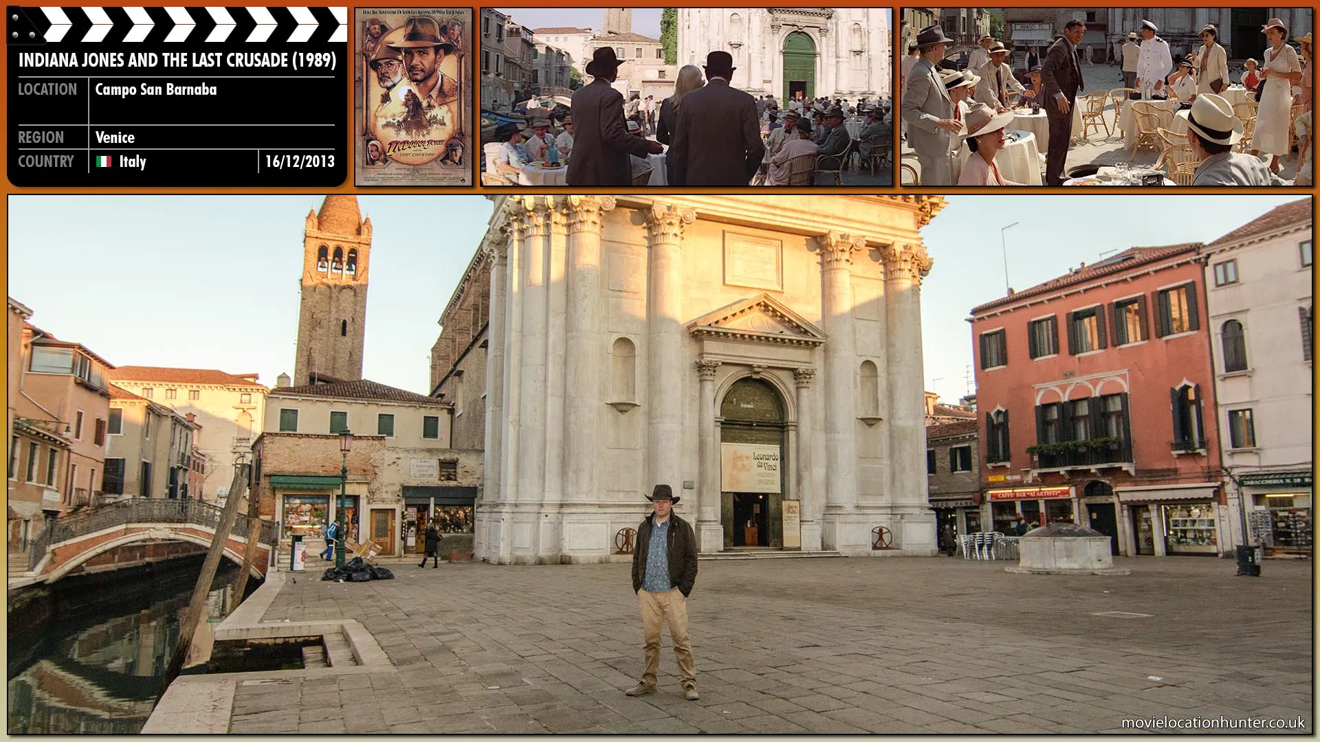 Filming location photo, shot in Italy, for Indiana Jones and the Last Crusade (1989). Scene description: Indy (Harrison Ford), Marcus (Denholm Elliott) and Elsa (Alison Doody) goes to where Henry (Sean Connery) disappeared, the Venice library, which was once a church in ancient Roman times. A stained-glass window dating from the sacking of Byzantium gives Indy a clue that the library is the tomb of the knight. Indy pries open the floor and finds a network of tunnels containing oil. Exploring the tunnel with Elsa - and in the process passing a wall painting of ancient antiquities such as The Ark of The Covenant - Indy finds an ancient casket and a knight's shield, the second marker.